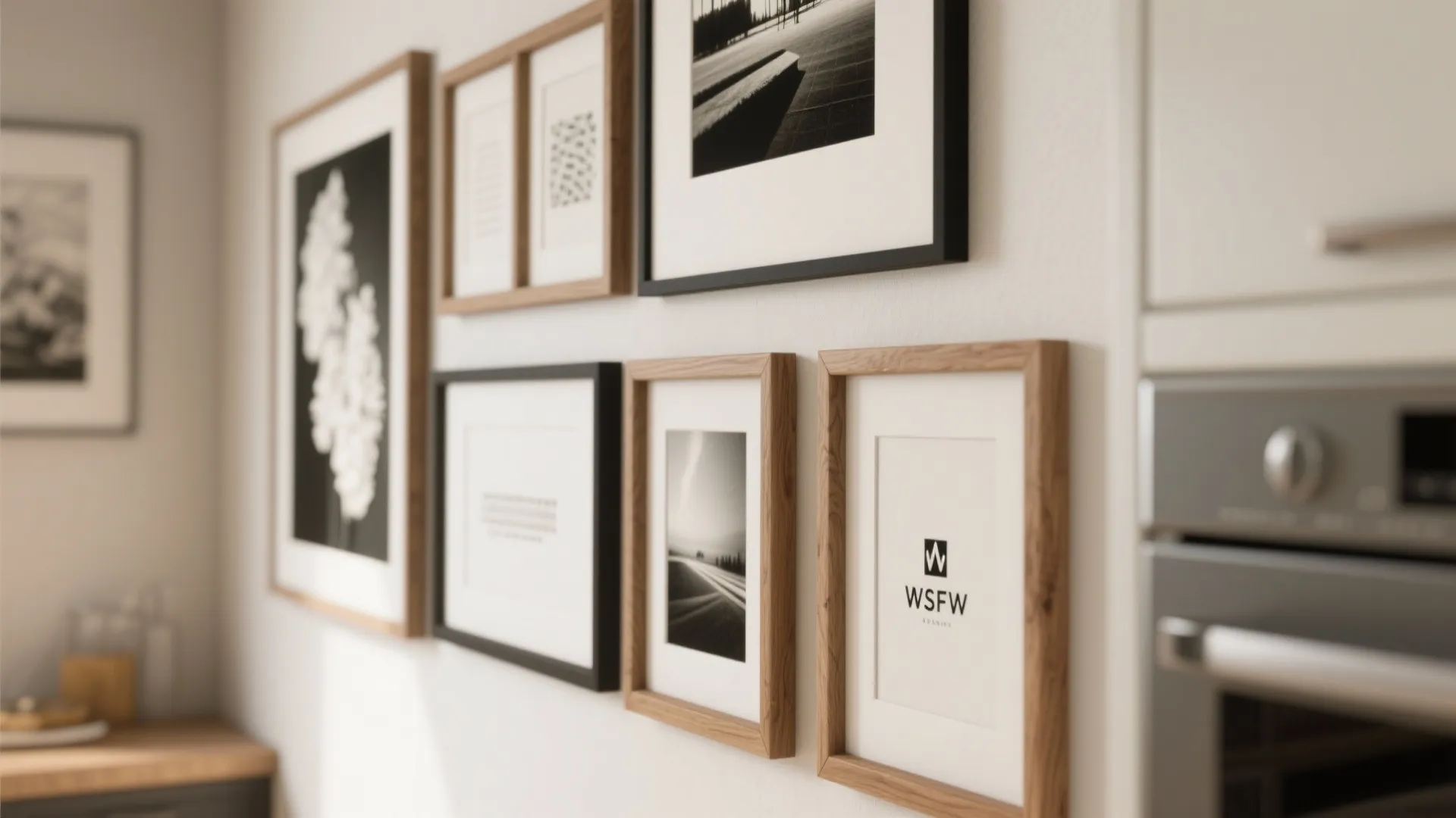 Gallery wall featuring black and wooden picture frames with minimalist art on a white wall