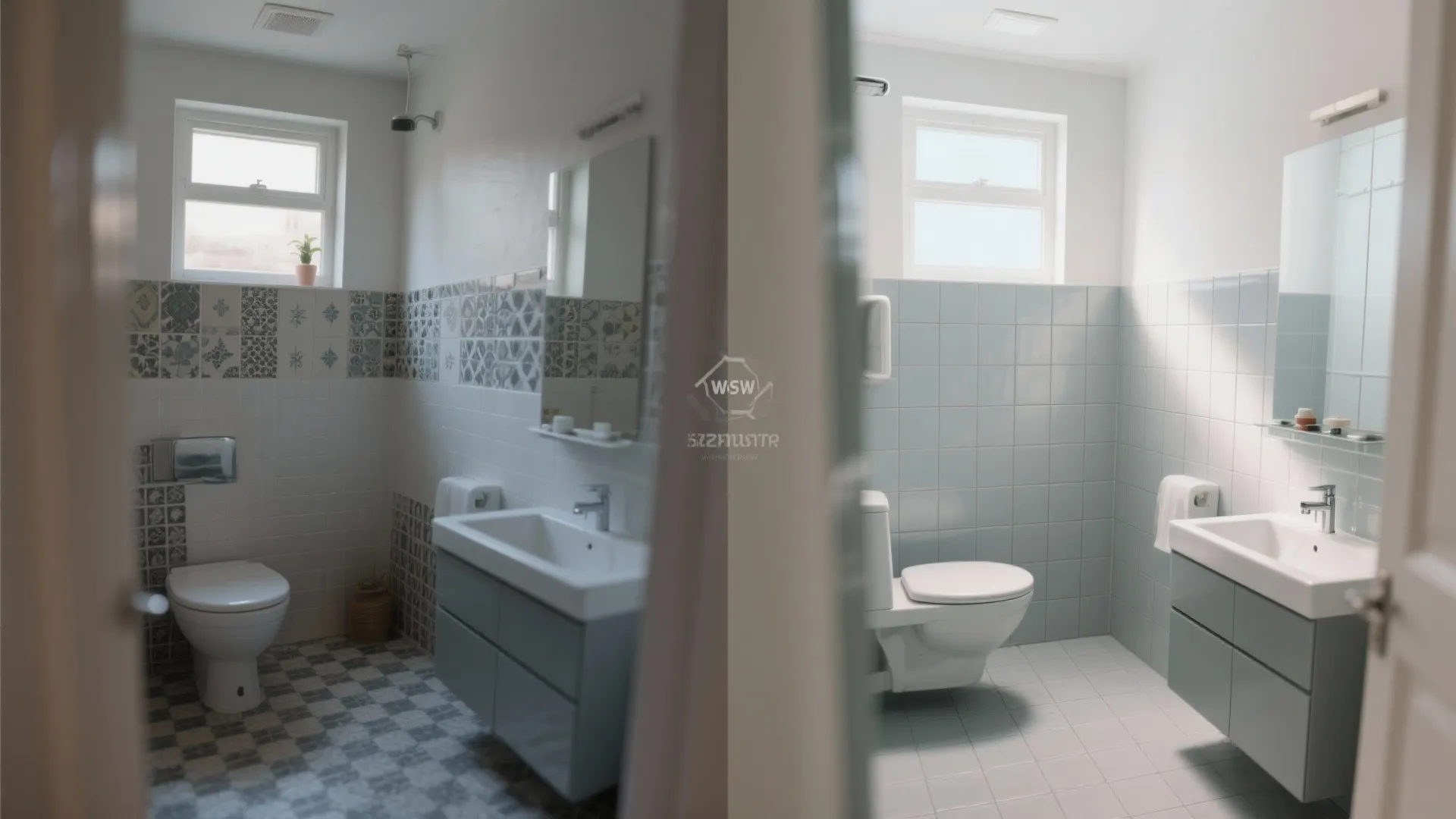 Before and after comparison of a bathroom showing patterned wall tiles versus clean light blue tiles