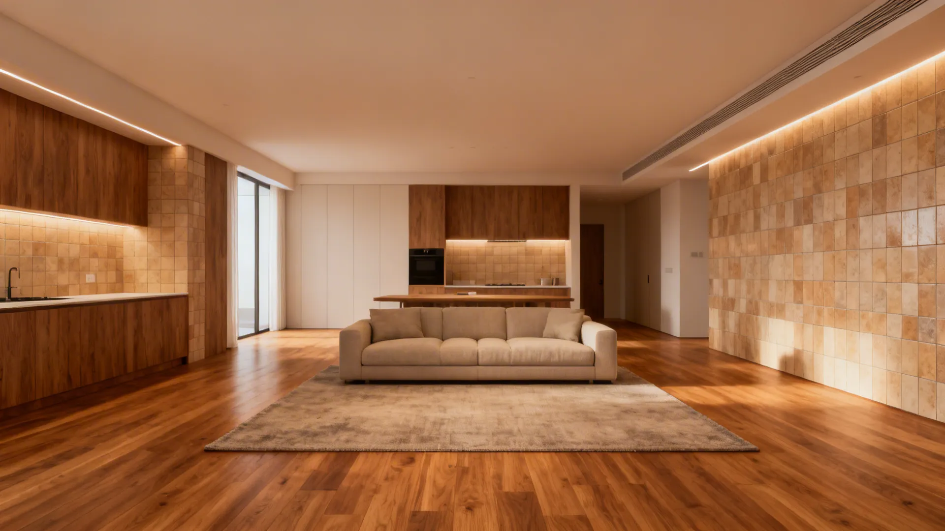 Open-plan living and kitchen unified by continuous warm oak flooring and a coordinated backsplash, with rugs and lighting defining zones.