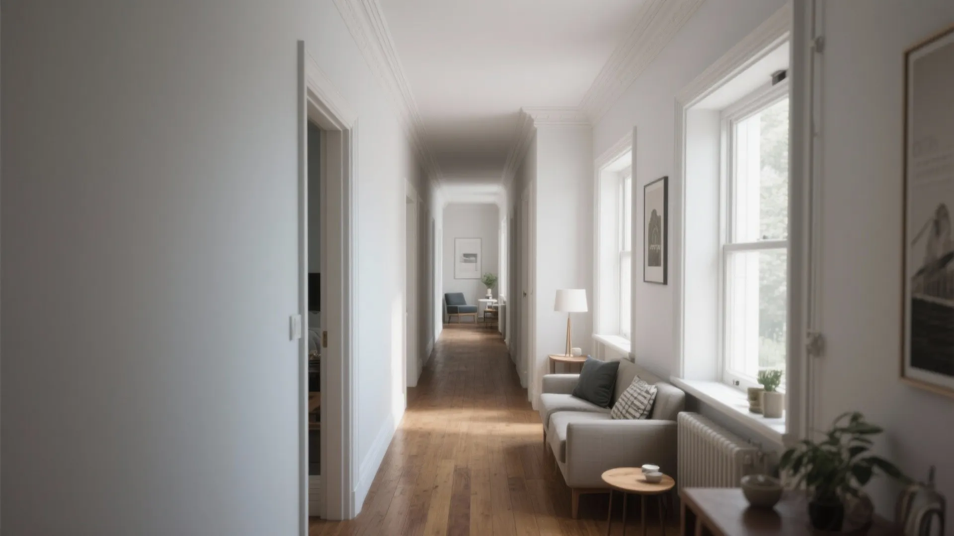Bright white hallway with wooden flooring featuring grey sofa near windows and soft natural light
