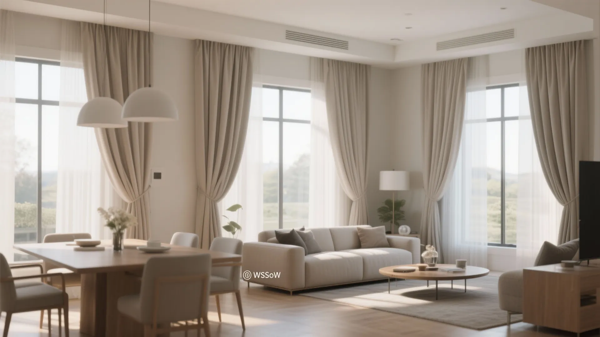 Bright living room with long beige curtain large windows white sofa and wooden dining table