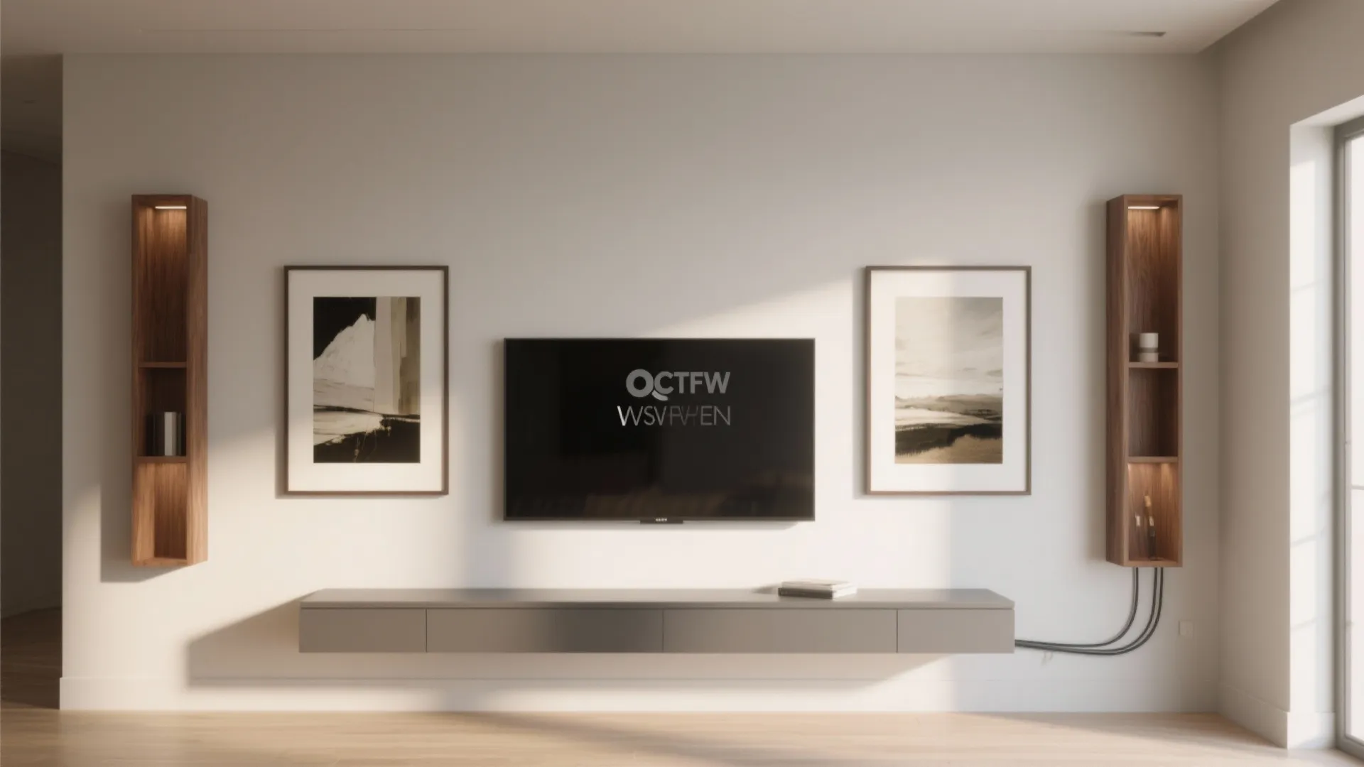 Floating console + art‑mode screen for a gallery vibe