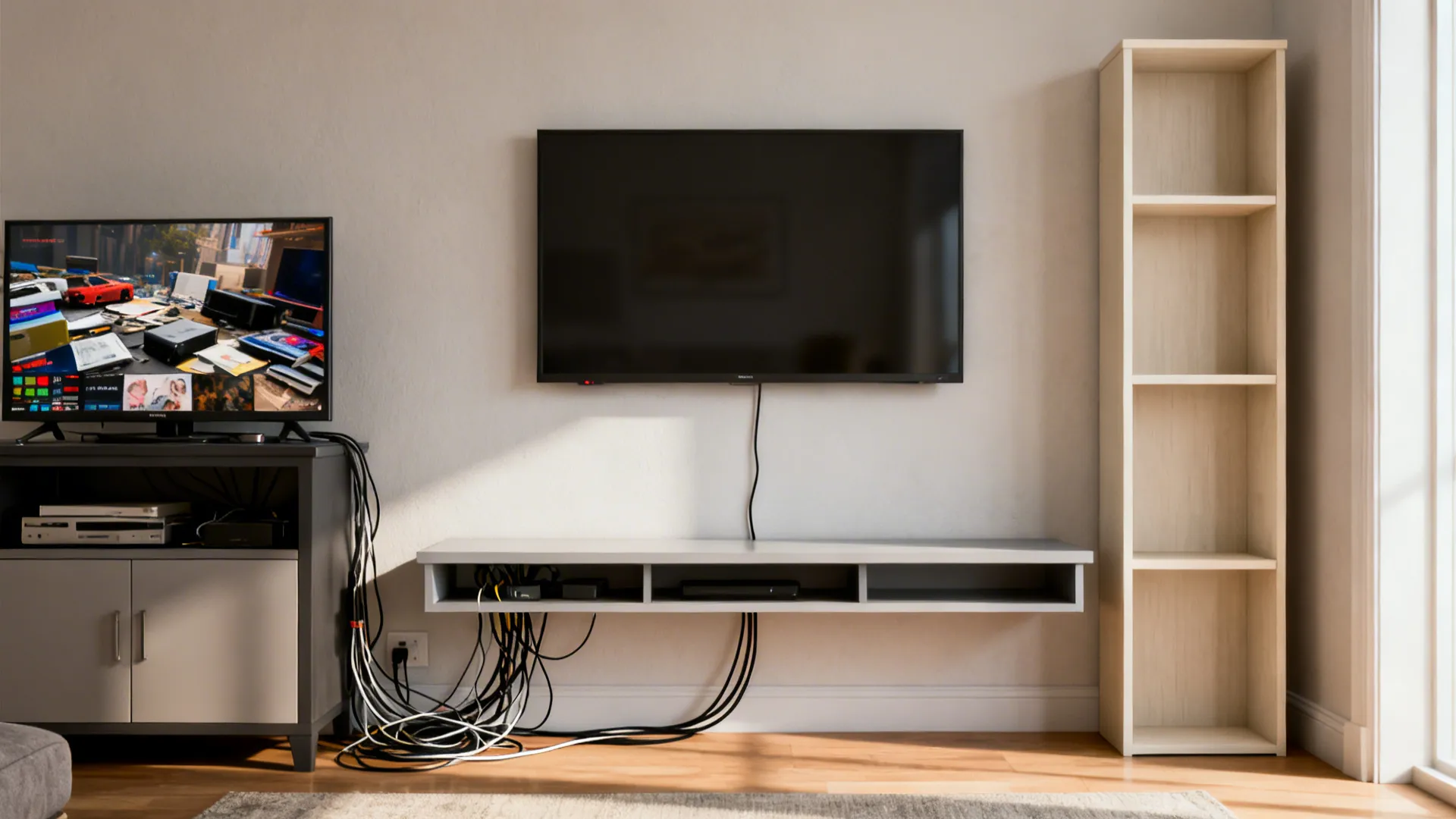 Before-and-after of a media wall transforming from cluttered cabinet to low console with tall shelf.