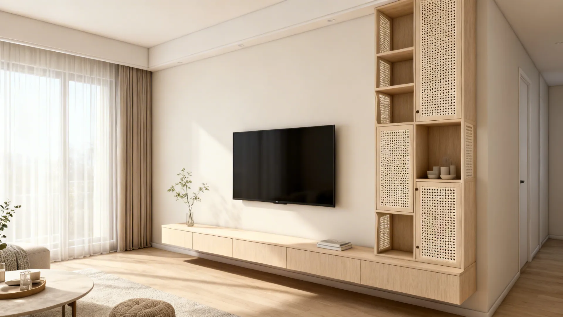 Low media console with a single tall asymmetrical shelf beside a wall-mounted TV in a narrow living room.