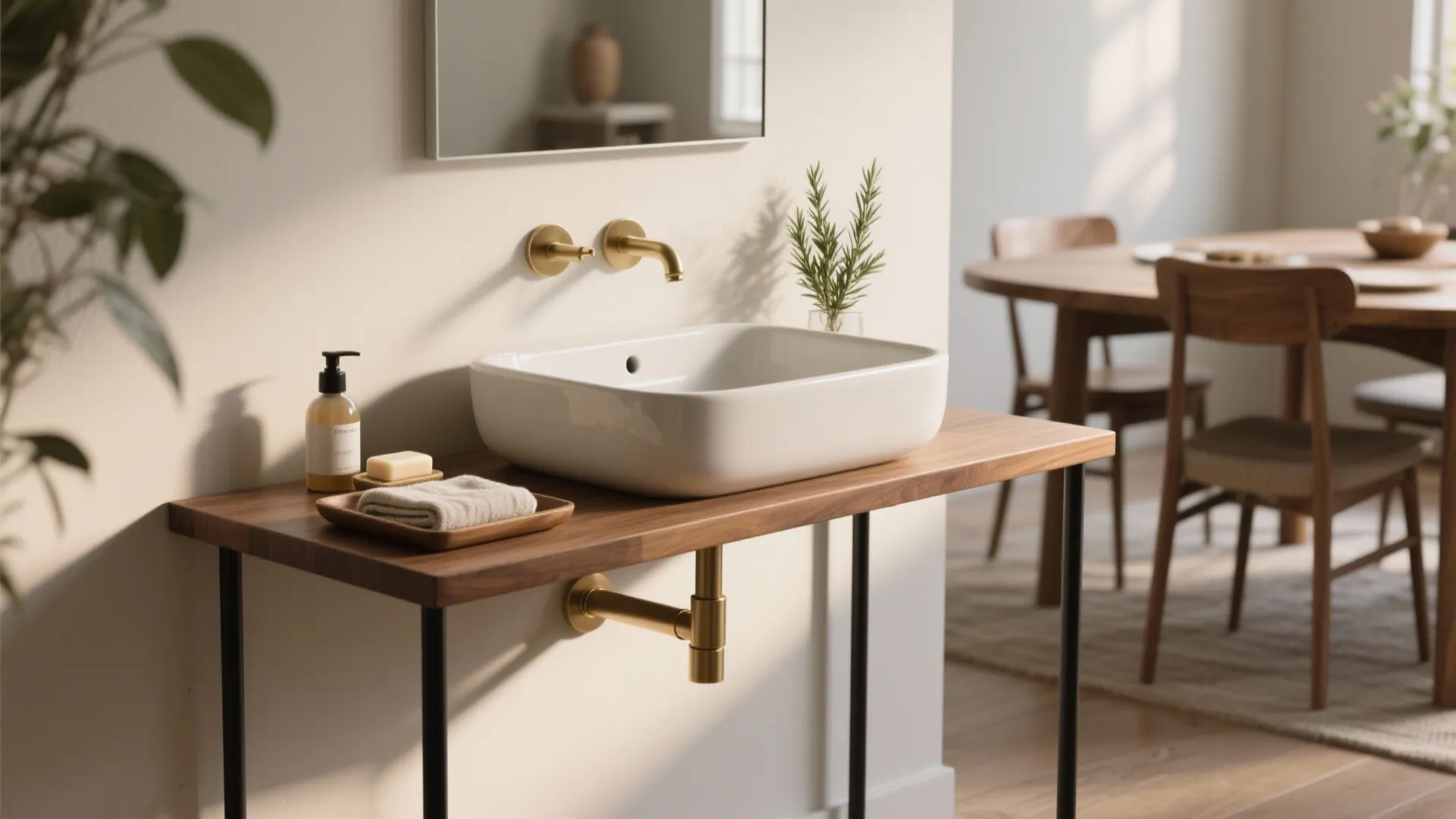 White bathroom sink on wooden table with gold wall faucet near a wooden dining area