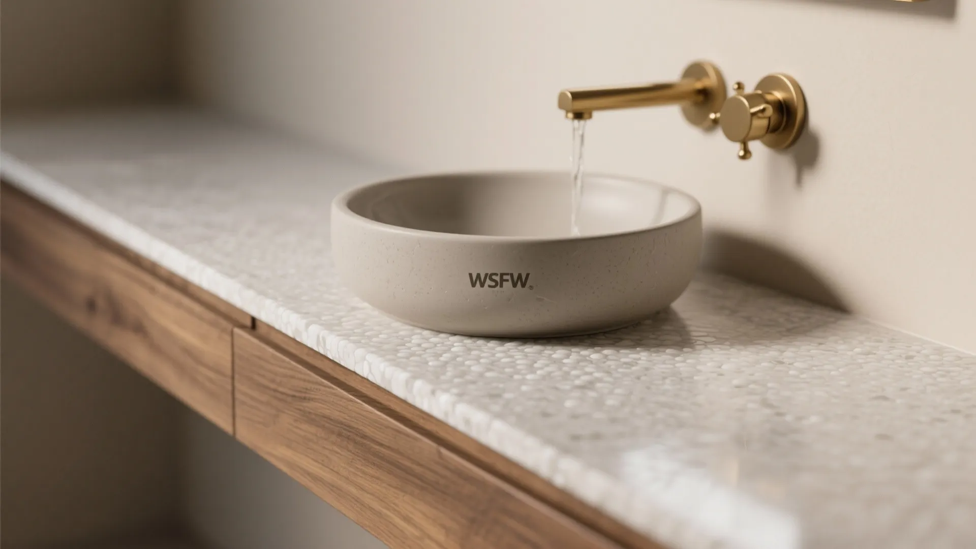 Modern round sink with gold wall light fixture water running on a white stone countertop