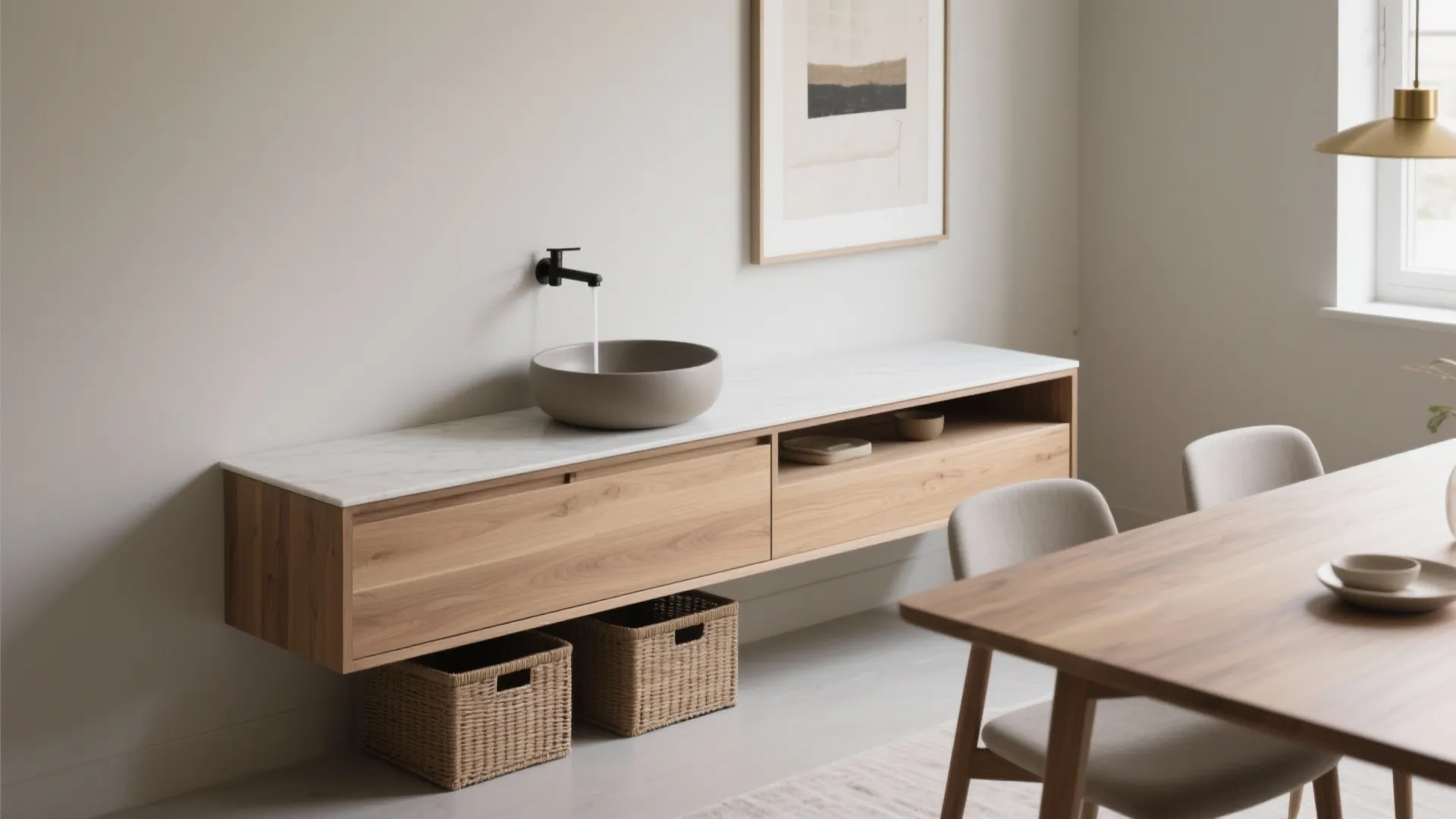 Modern wooden cabinet with round stone sink wall mounted faucet and woven baskets on floor