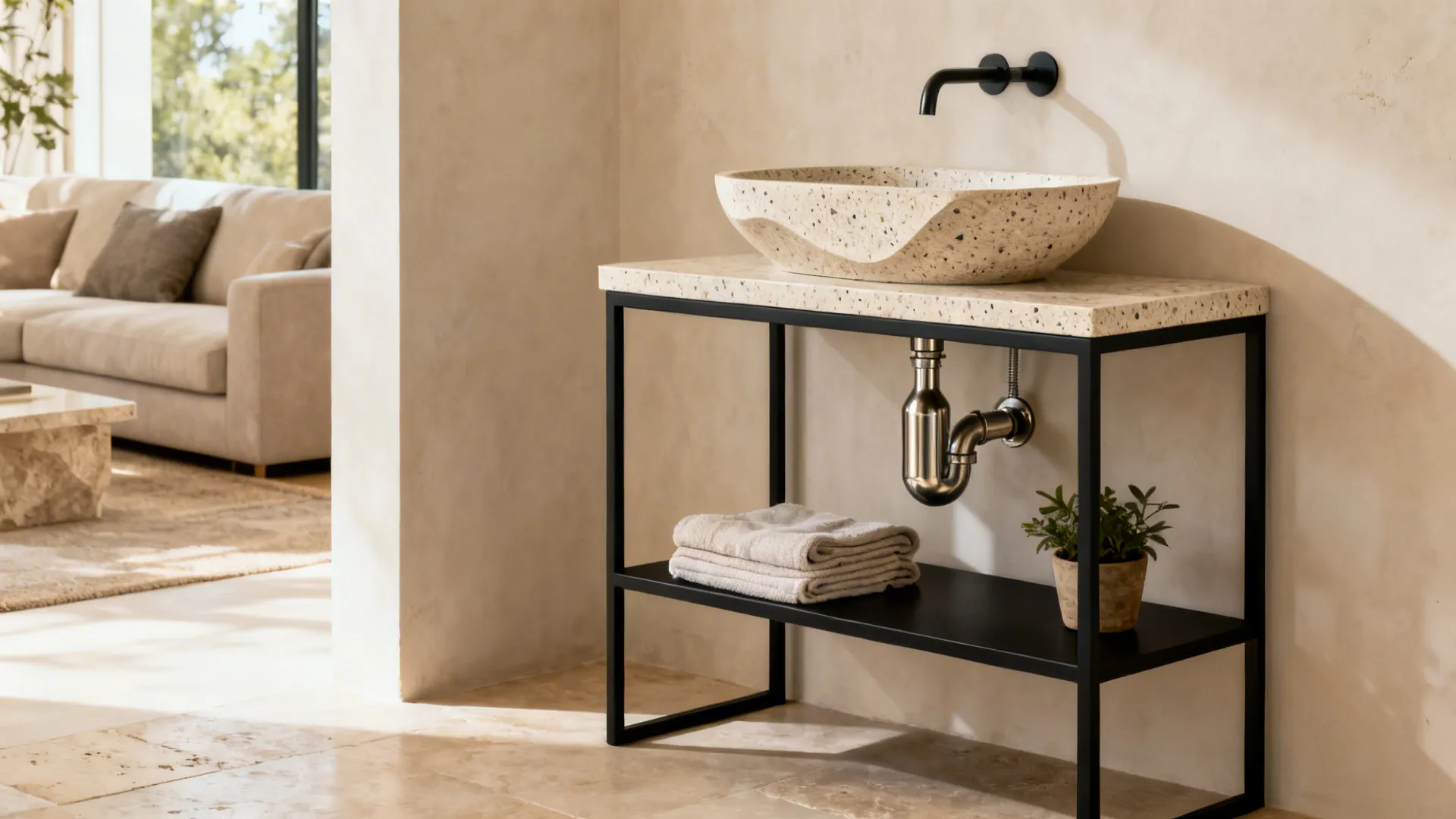 Console-style basin with travertine top and matching metal bottle trap in a living room.