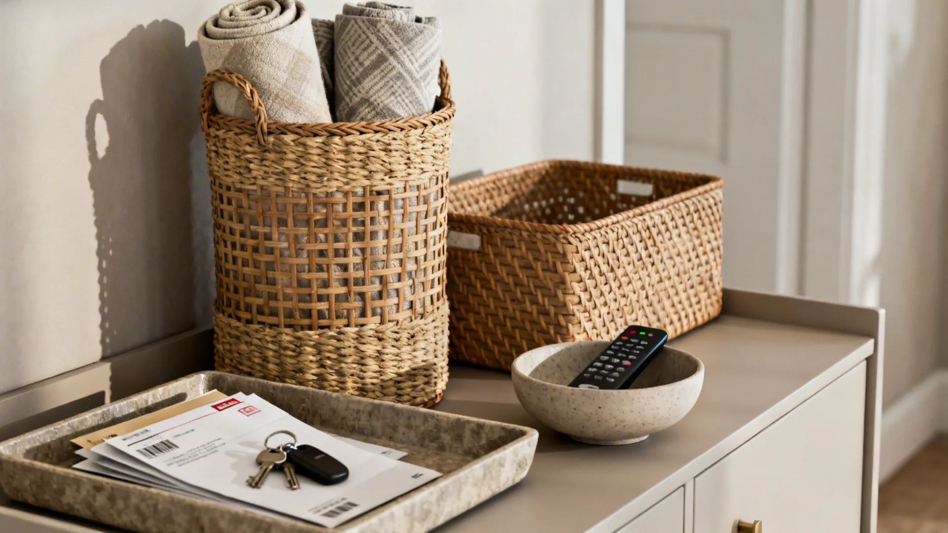Close-up of seagrass and rattan basket textures on a console with throws and small items.