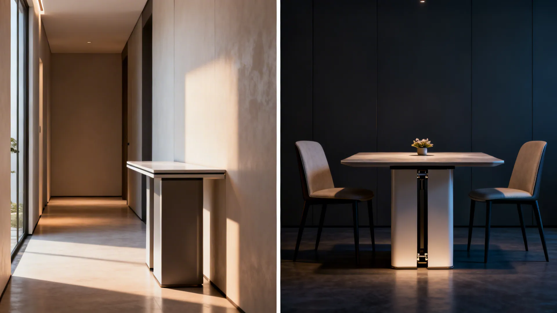 Split image showing a console table as an entry piece (before) and converted into a dining table (after) in a narrow space