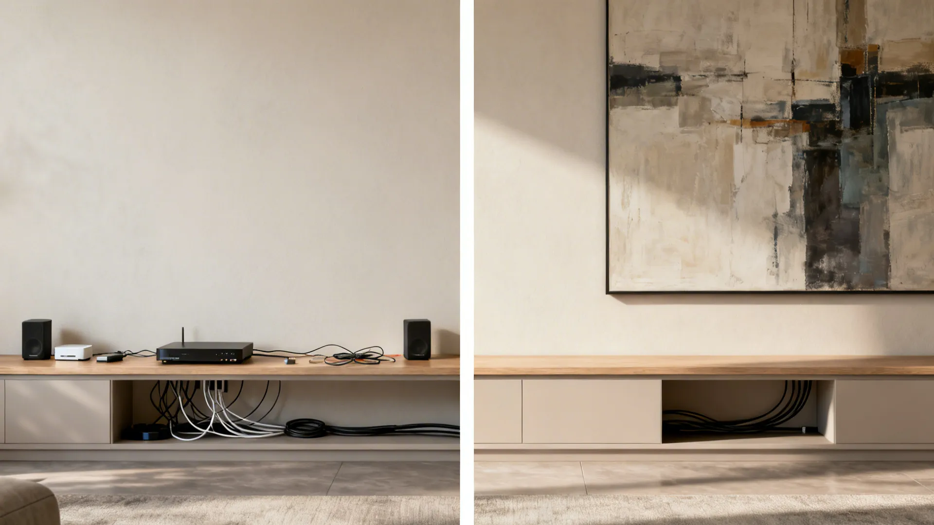 Before-and-after views show a blank wall transformed into a streamlined low console with art above.