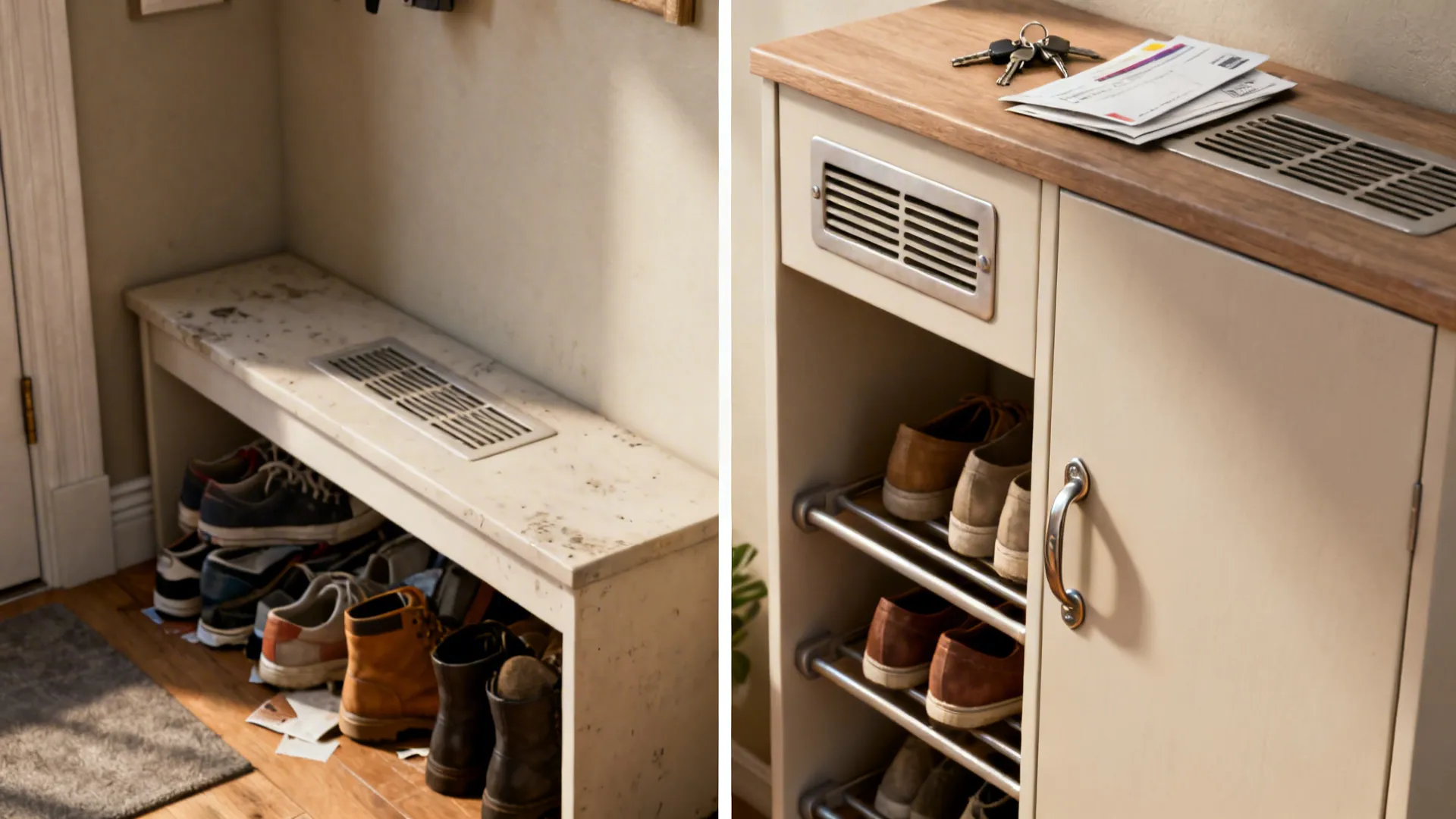 Before and after of a console cabinet hiding shoes with interior racks and vents