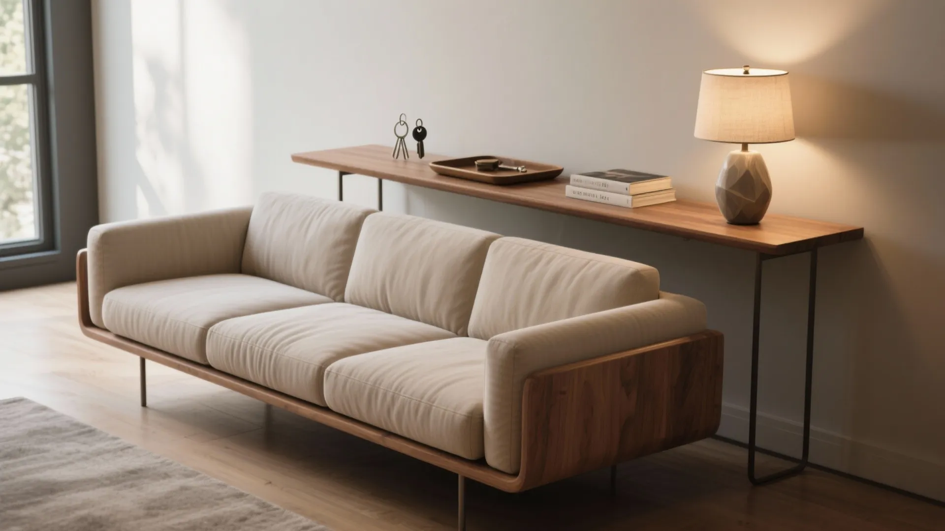 2. Add a narrow console behind the sofa for function