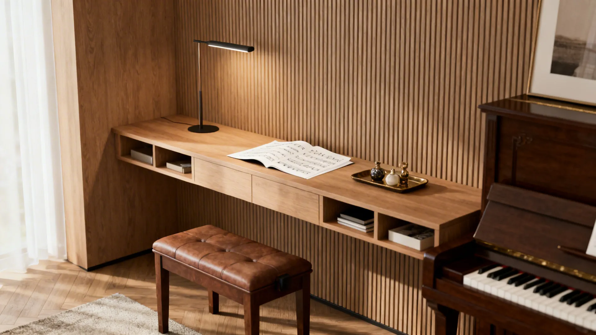 Narrow floating console behind a piano bench holding sheet music and a slim lamp in a small room