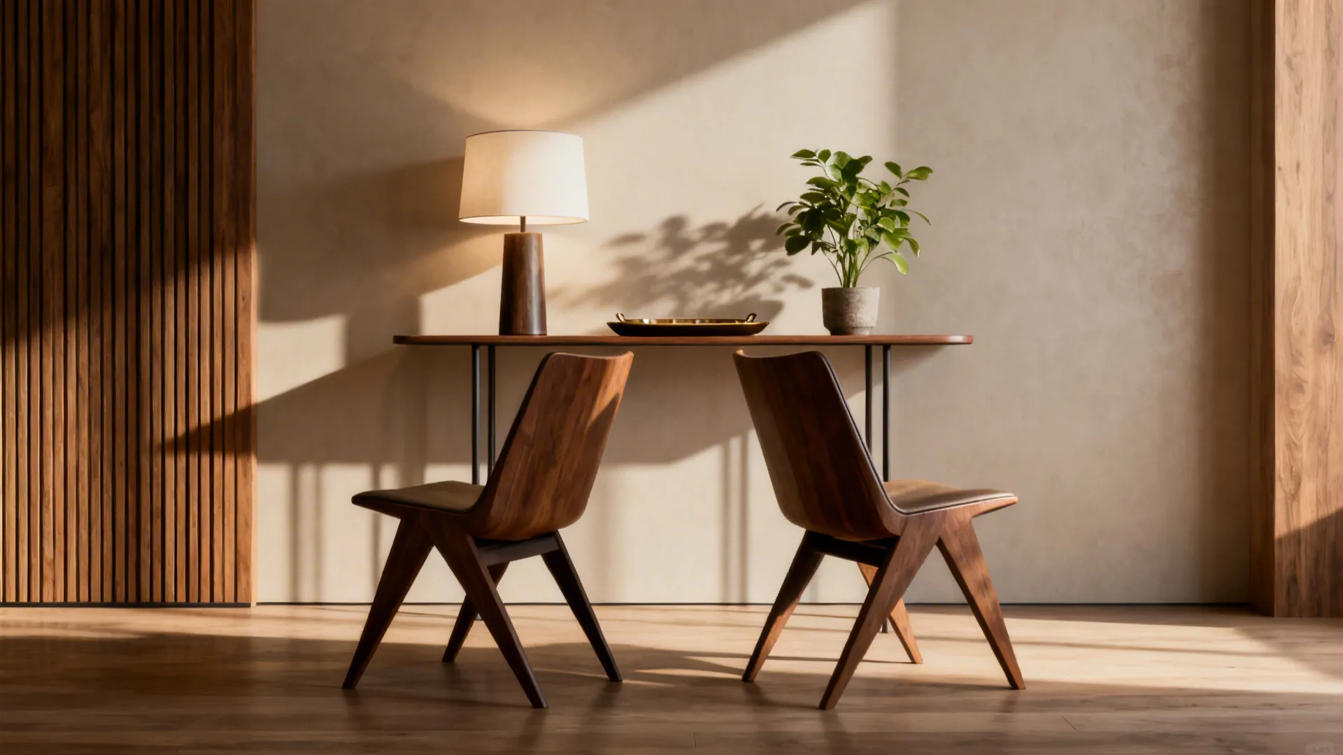 Slim console table behind two angled chairs, styled simply with lamp and plant