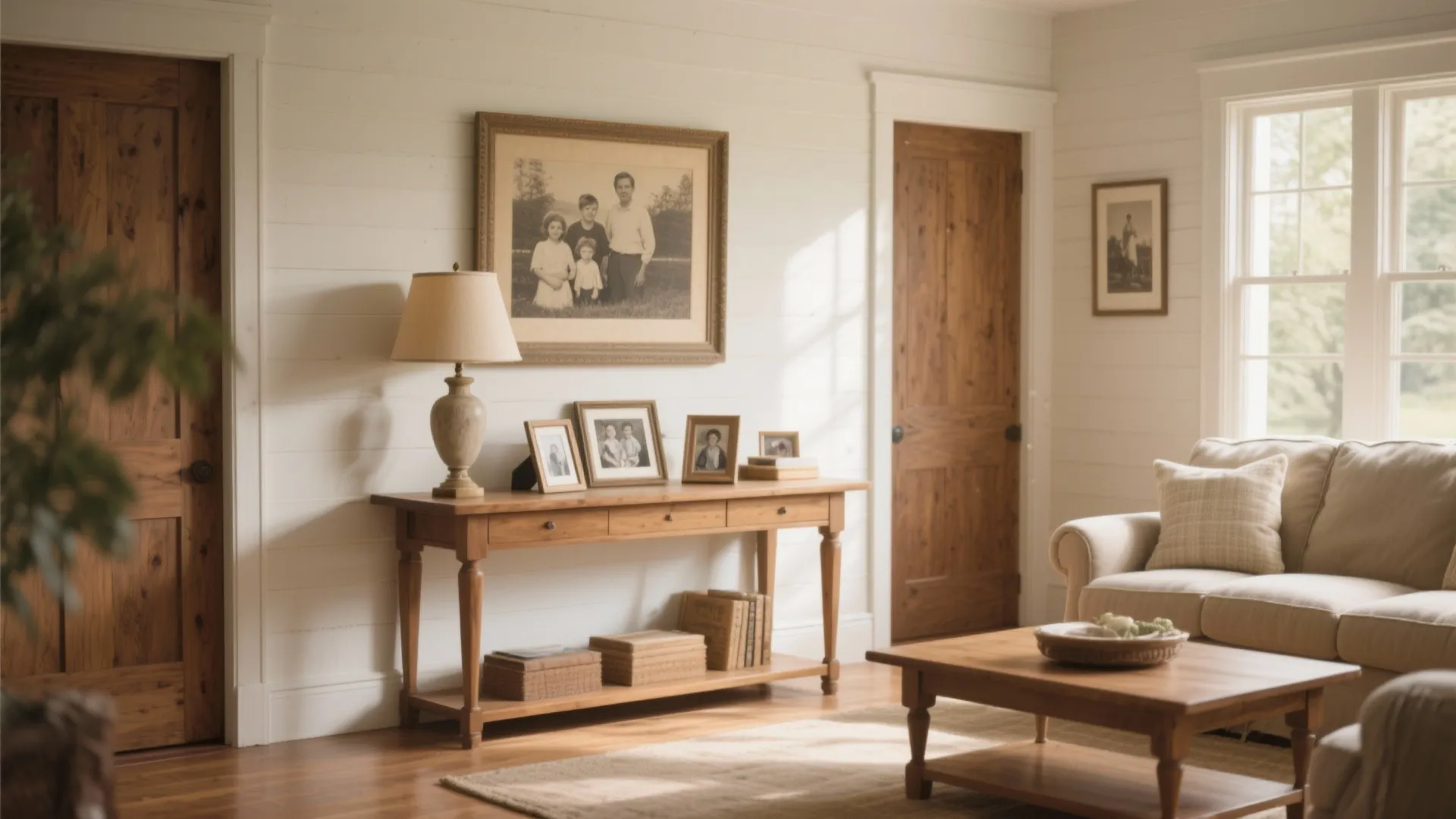 Wooden console table with lamp and family photos against white wall in a cozy room