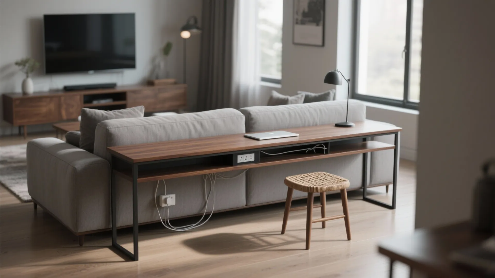 2. Narrow console desk behind the sofa