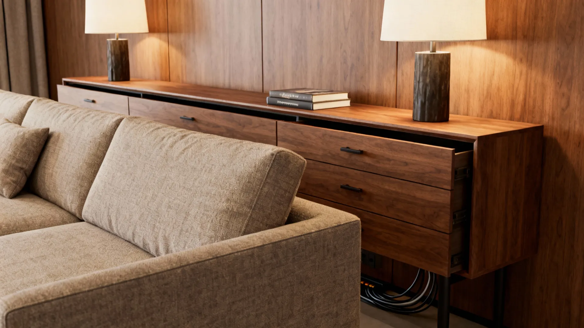 Slim console with drawers behind a floated sofa, used for lamps and storage, hiding cables.