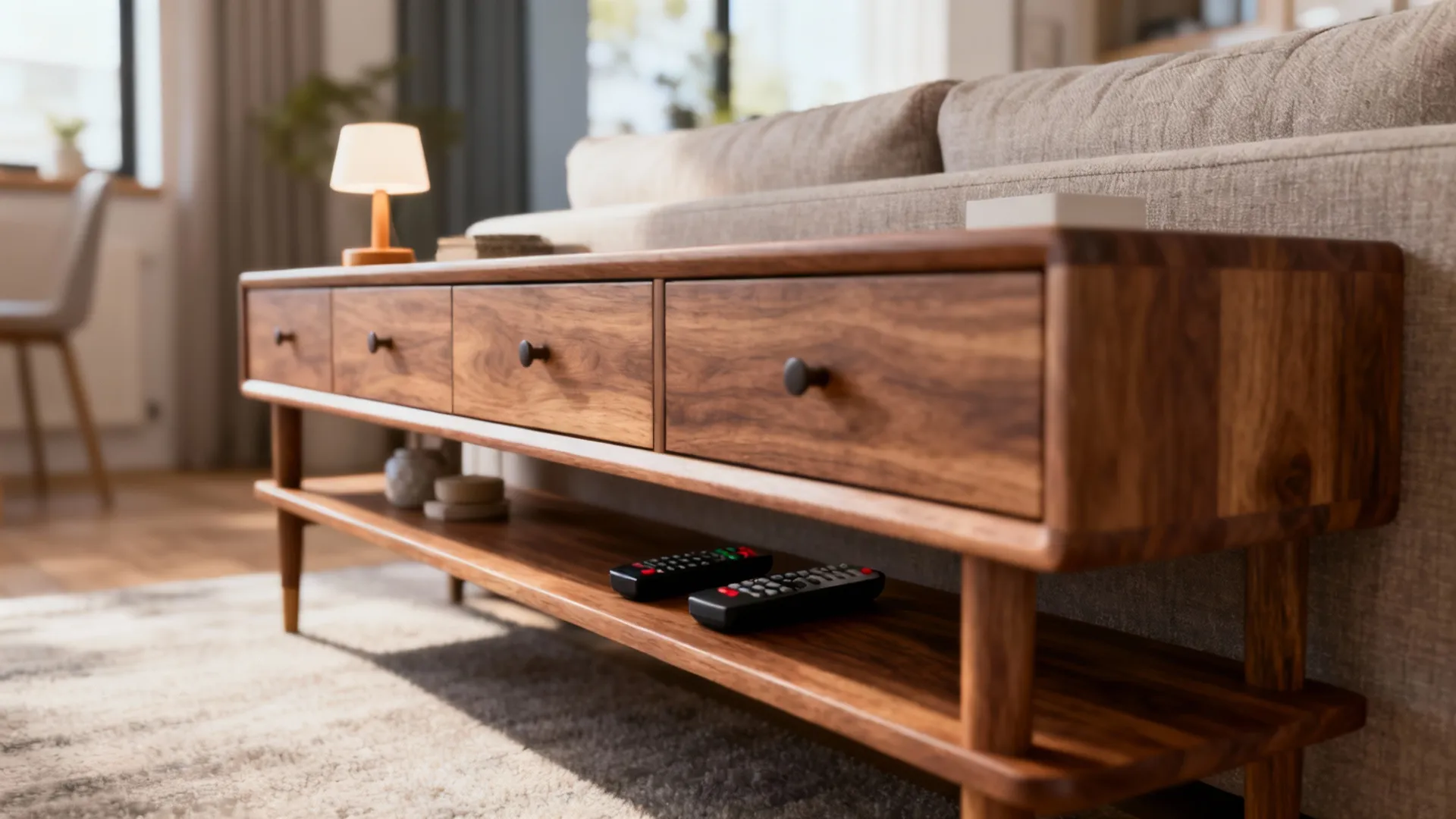 Narrow wooden console table behind a sofa with drawers and a lower shelf in a small living room