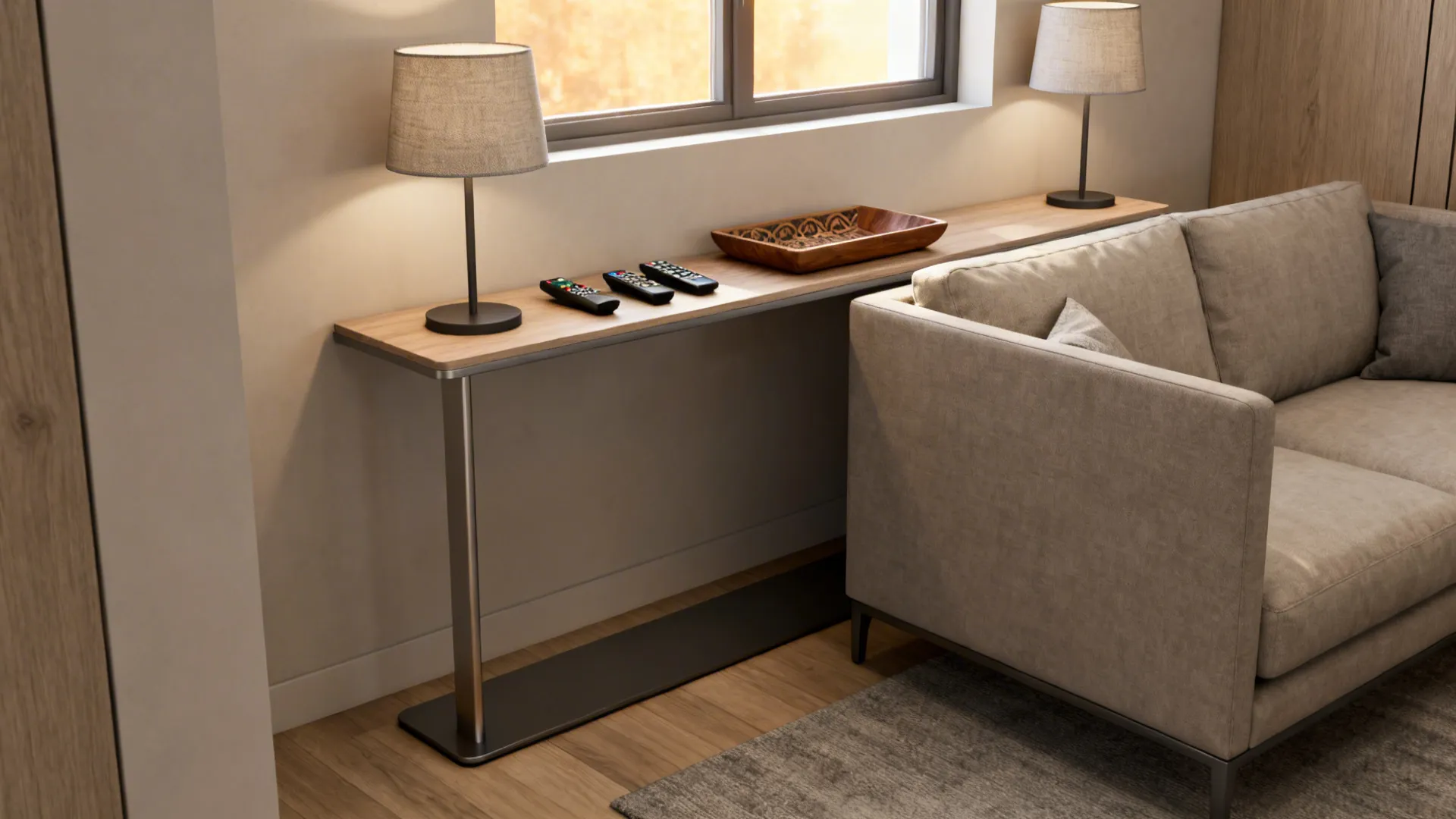 Narrow console shelf behind a sofa used for lamps and remotes in a small living room.
