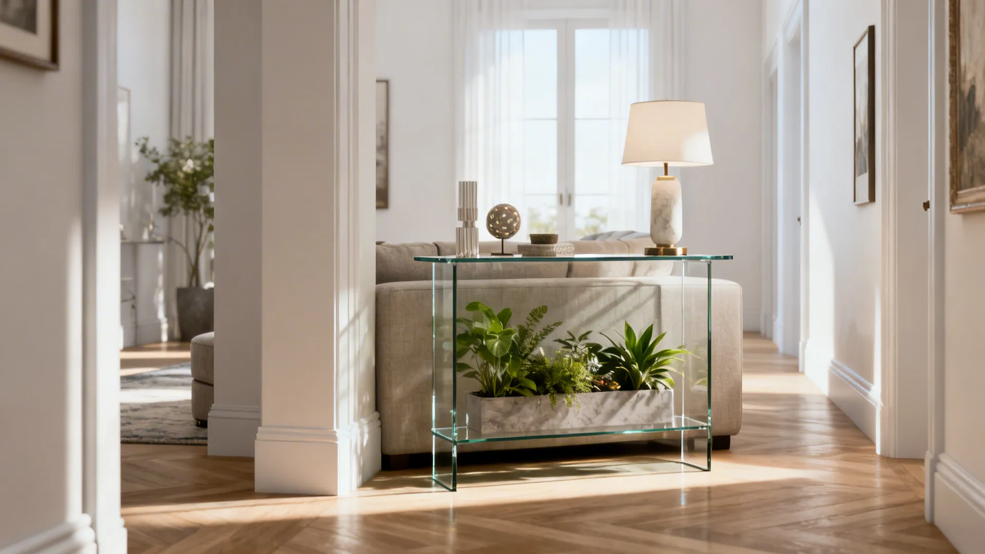 Slim glass console behind a sofa used as an end table and plant display