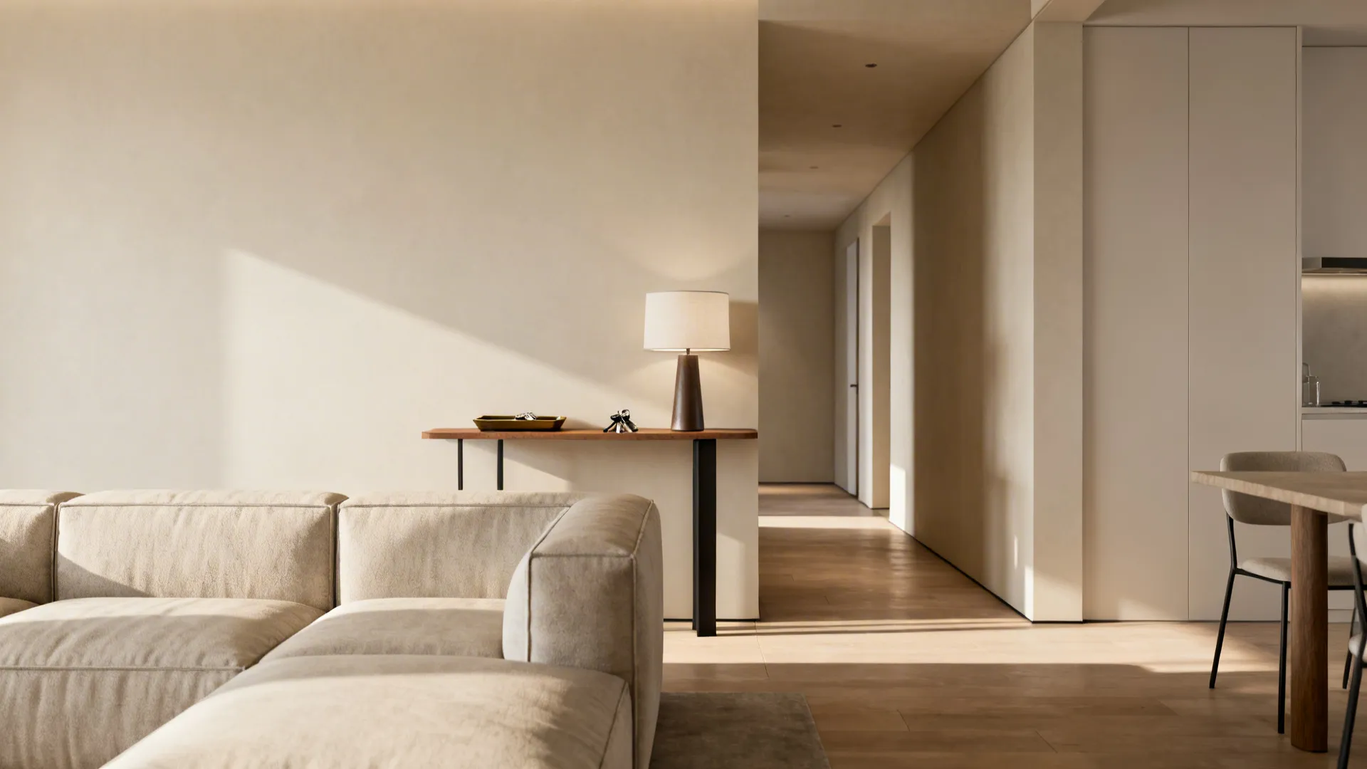 Slim console table behind L-shaped sofa creating a small foyer effect in an open-plan flat