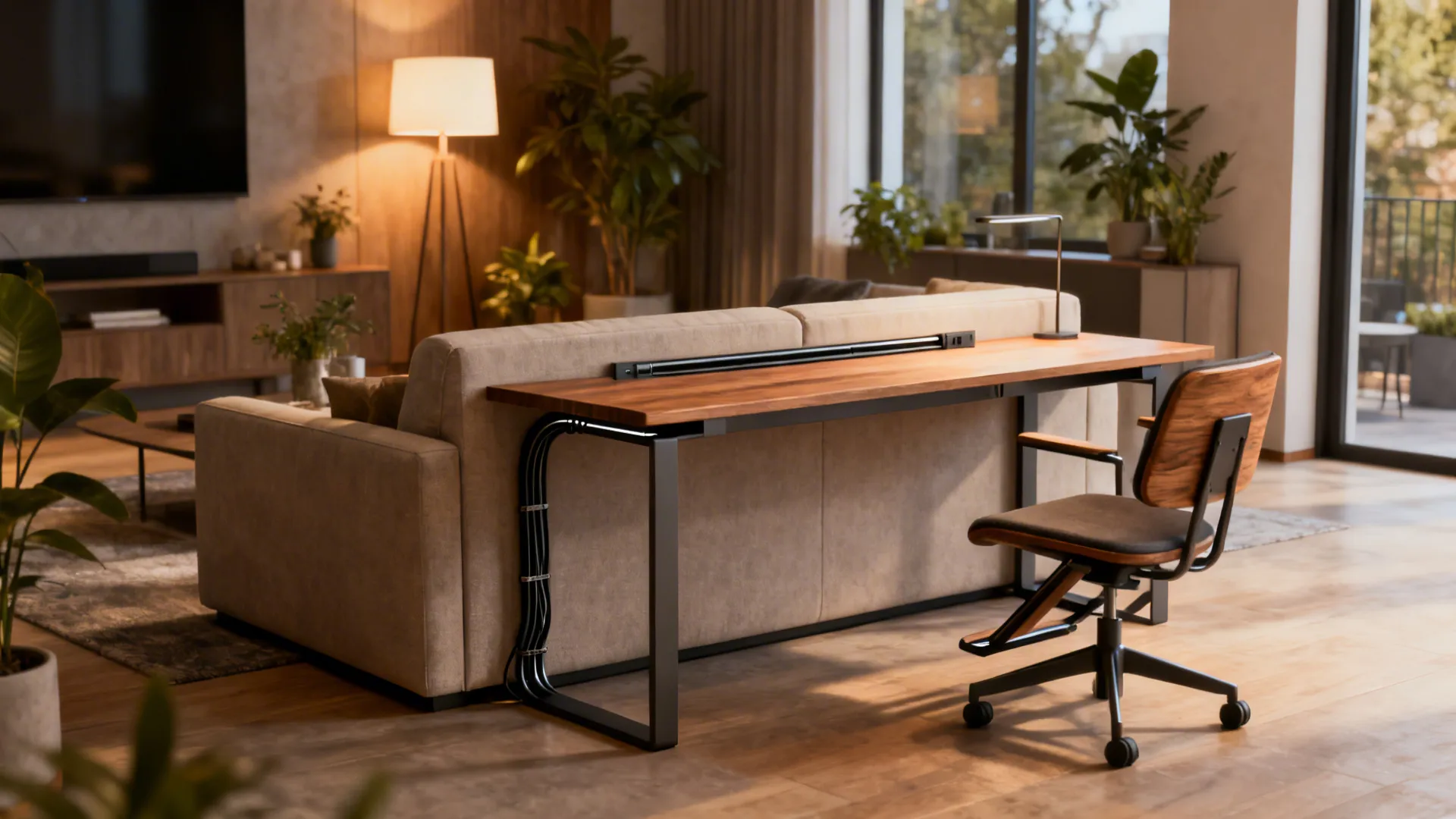 Long wooden desk placed behind a beige sofa with a chair and warm floor lamp