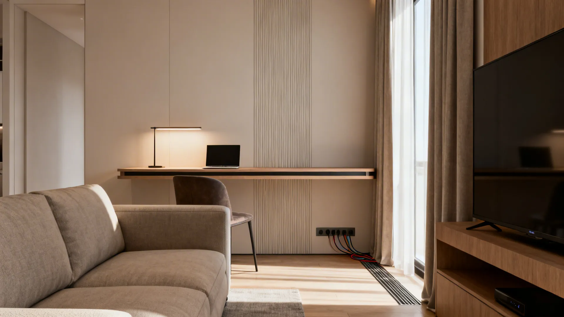 Narrow console desk behind a sofa with a lamp and laptop, keeping living room flow open.