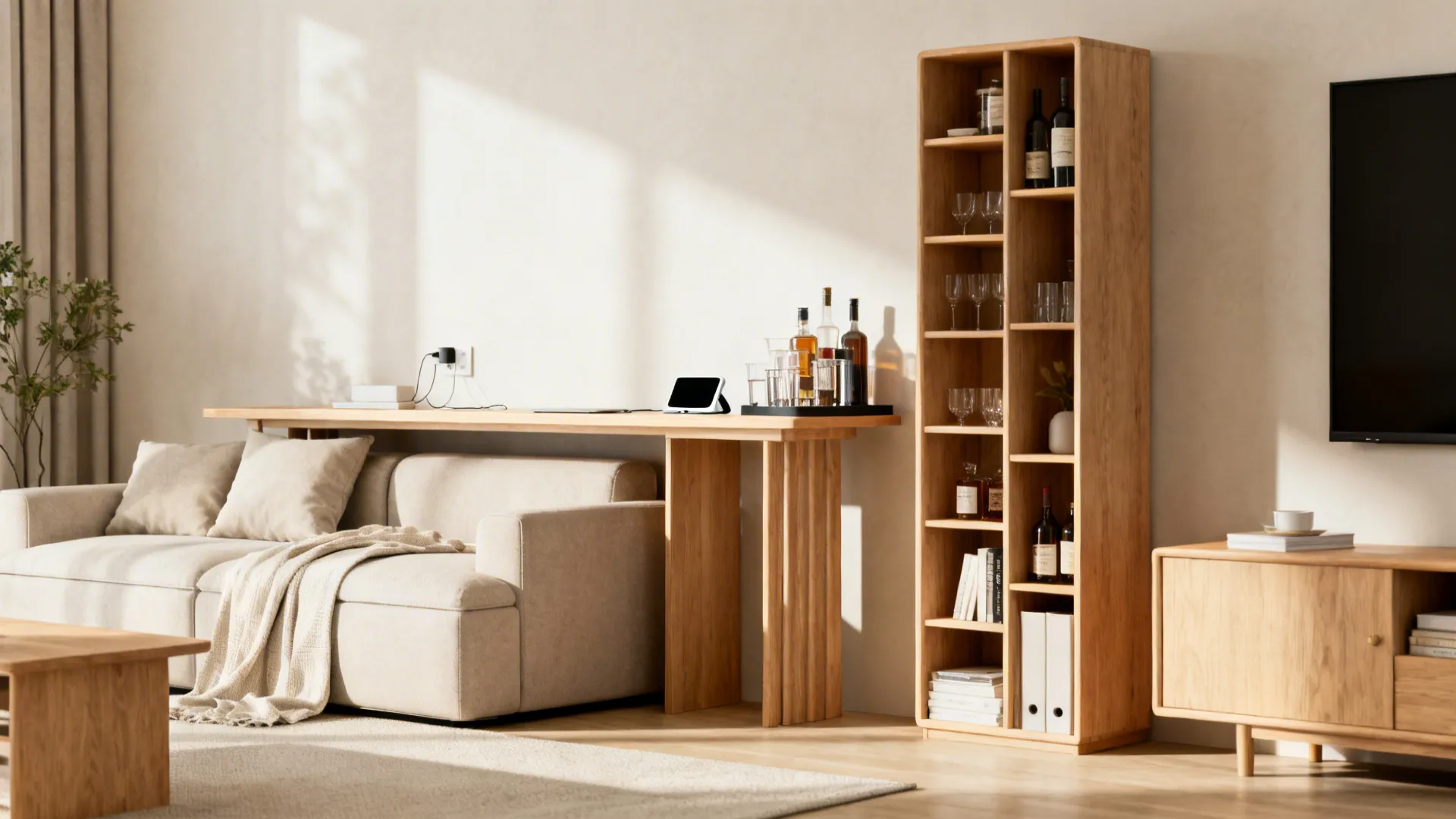 4. Slim console table behind sofa + tall TV stand