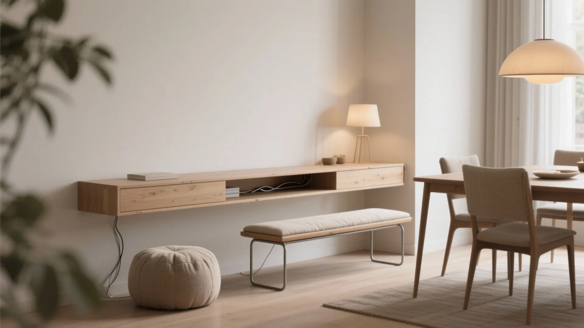 2. Console desk against a wall with bench seating