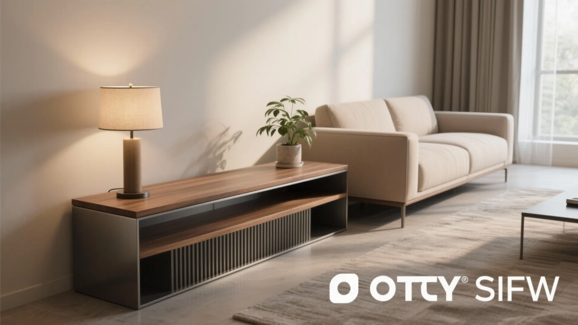 Bench used as a slim console behind a sofa with lamp and plant on top.