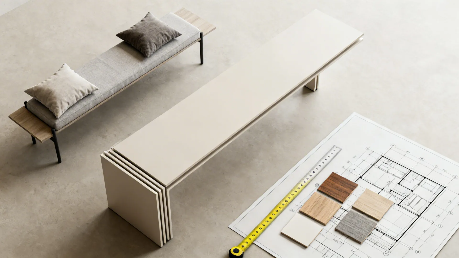 Top-down layout of a narrow console-to-table conversion with a slim bench and material swatches.