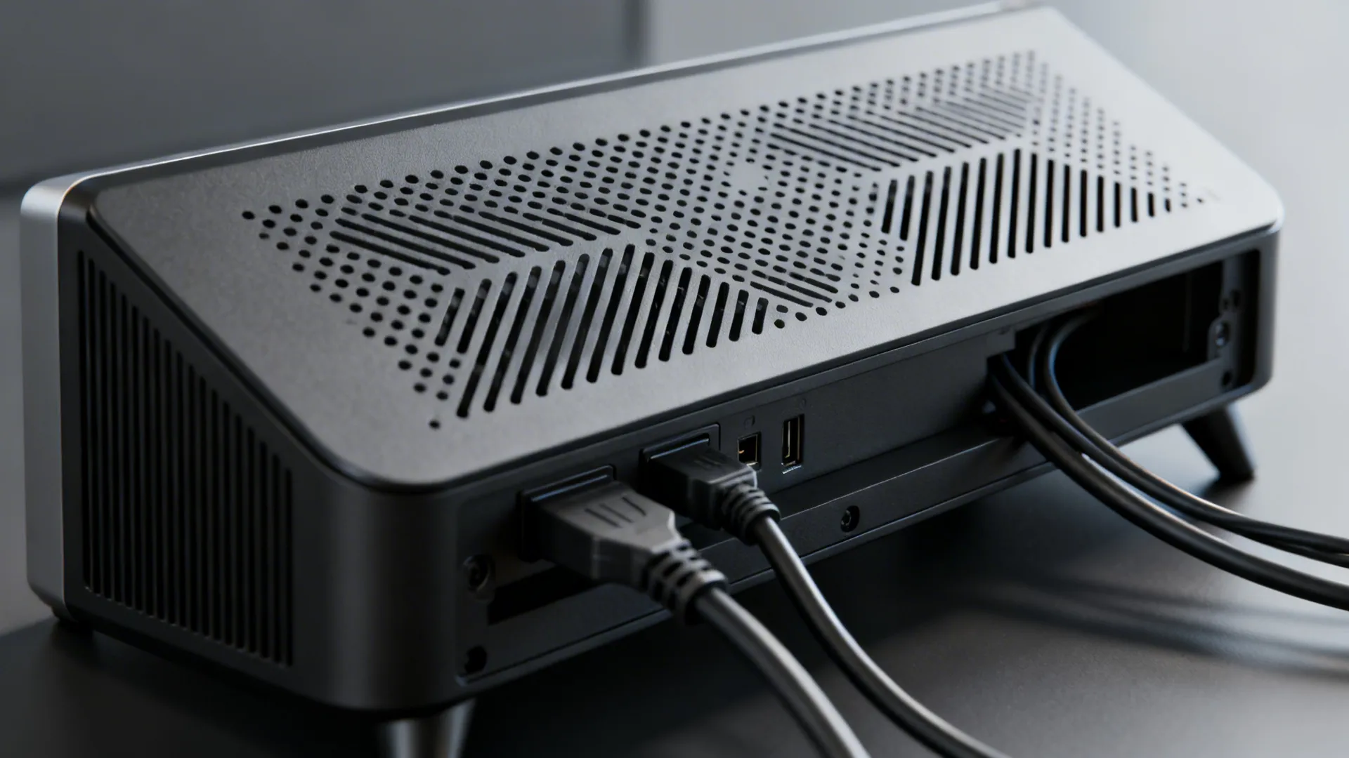Back of black media device showing cables and air holes for organized home entertainment setup