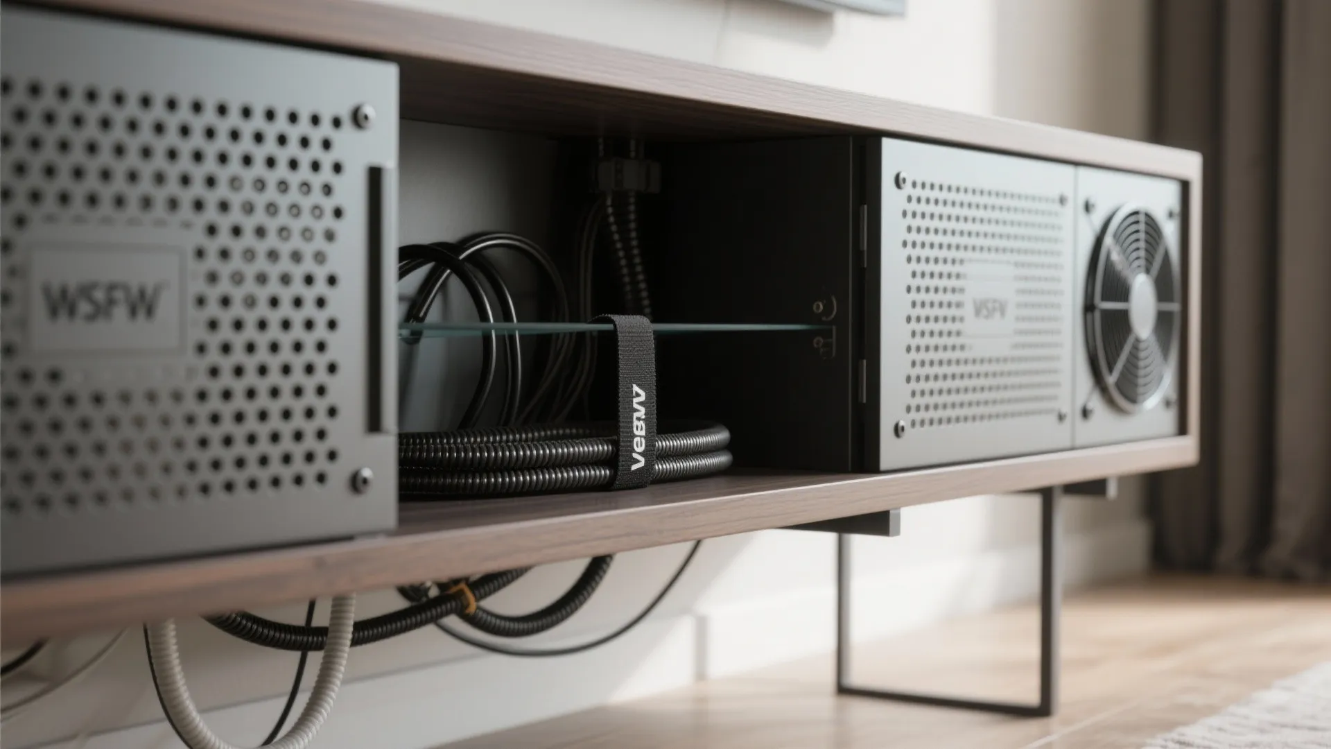 Wooden cabinet with organized black power cables secured by a strap in a tidy home