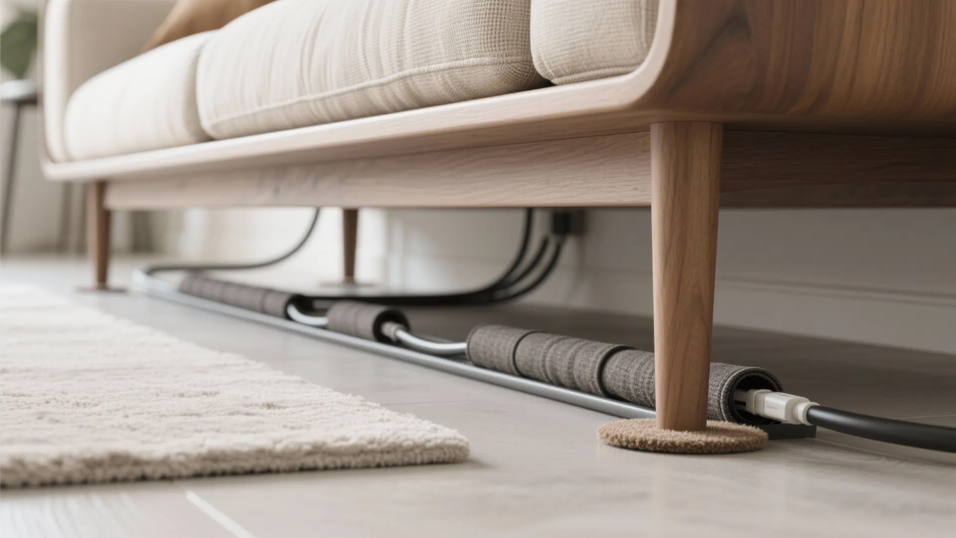 Close-up of tidy cable management behind a floating sofa with a slim console.