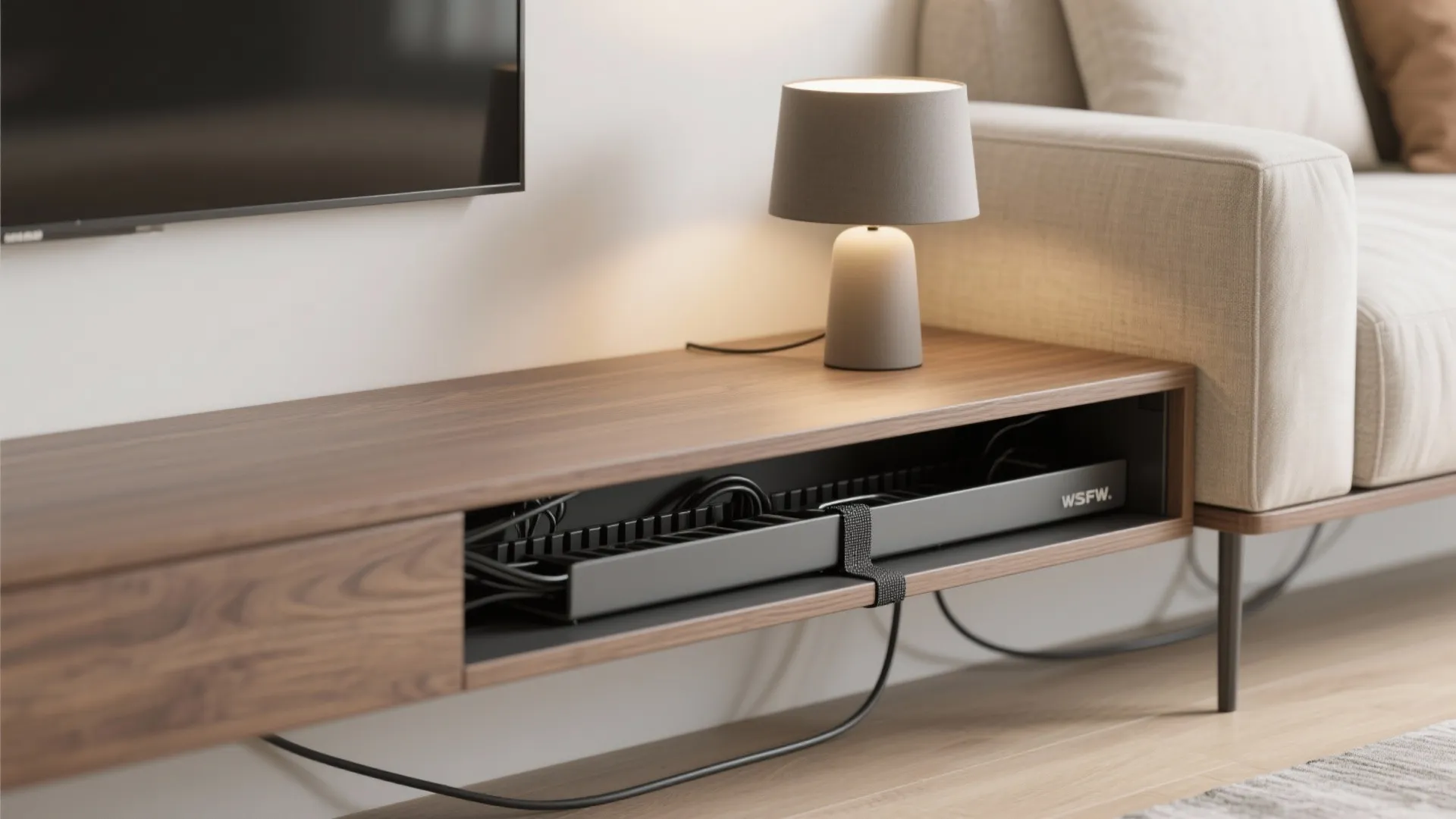 Close up of wooden TV cabinet with organized black cables tucked into a hidden storage tray
