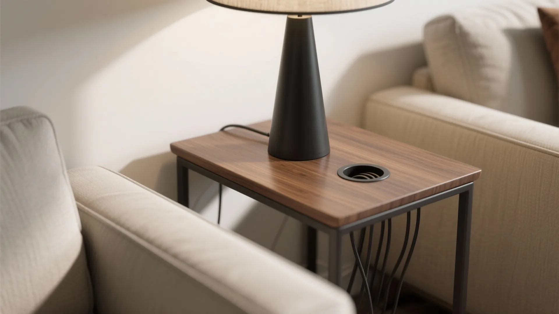 Macro of a slim console between loveseats showing cable routing and lamp base.