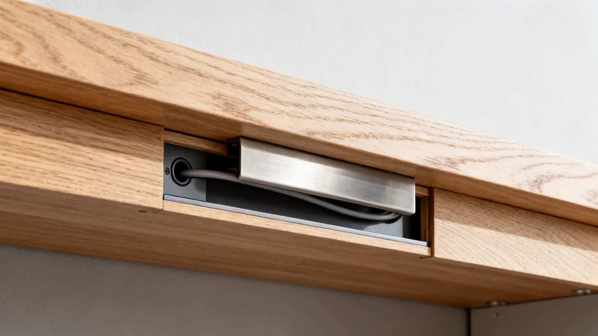 Close-up of a floating console with a recessed cable grommet and hidden wire channel.