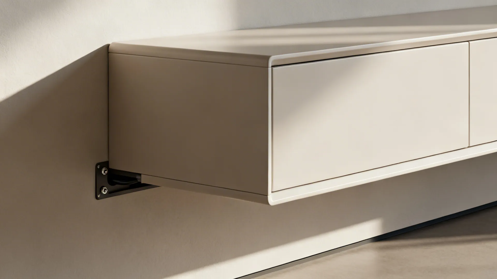 Macro view of floating console edge and hidden cable channel with matte finish.