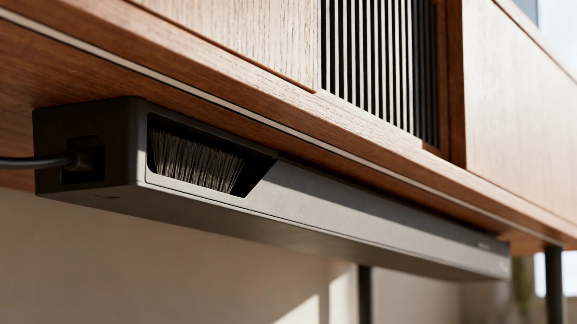 Macro detail of a floating console with a cable brush plate and discreet ventilation slot.