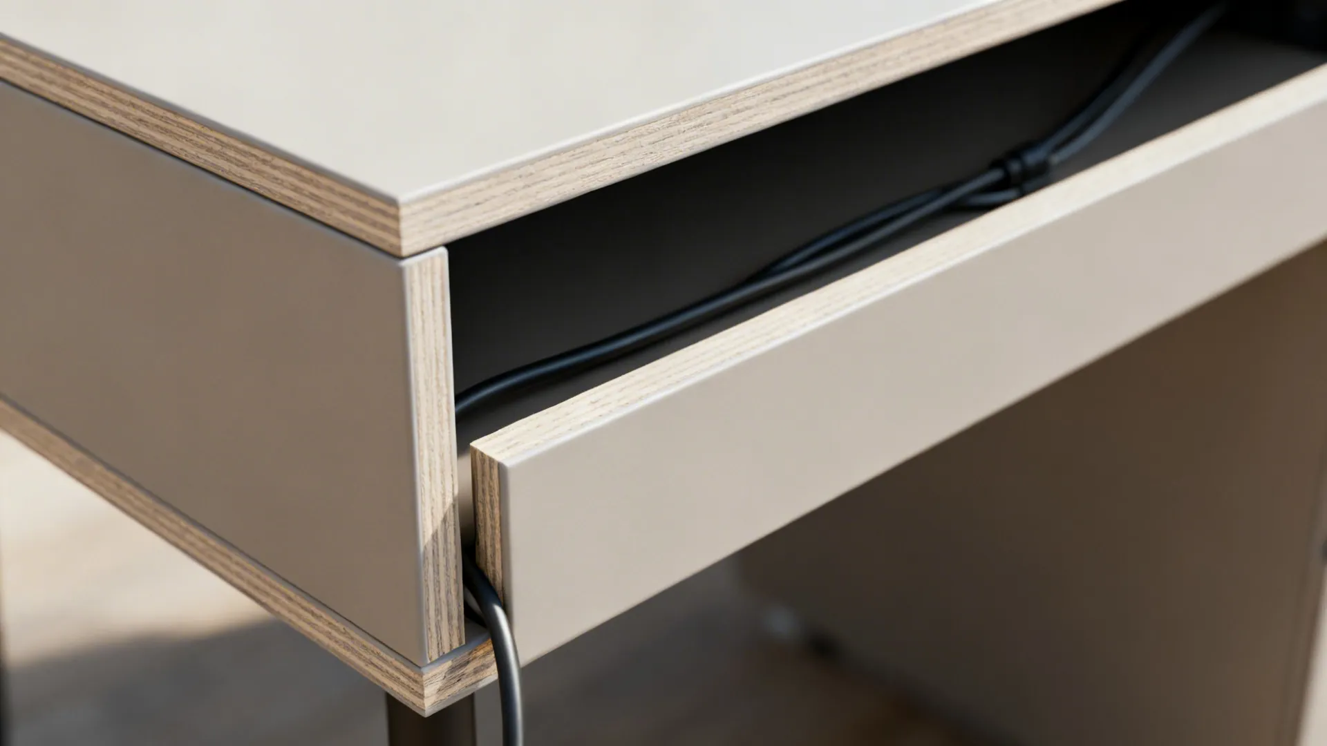 Close-up of a floating console’s integrated cable channel with clean, seamless finish.