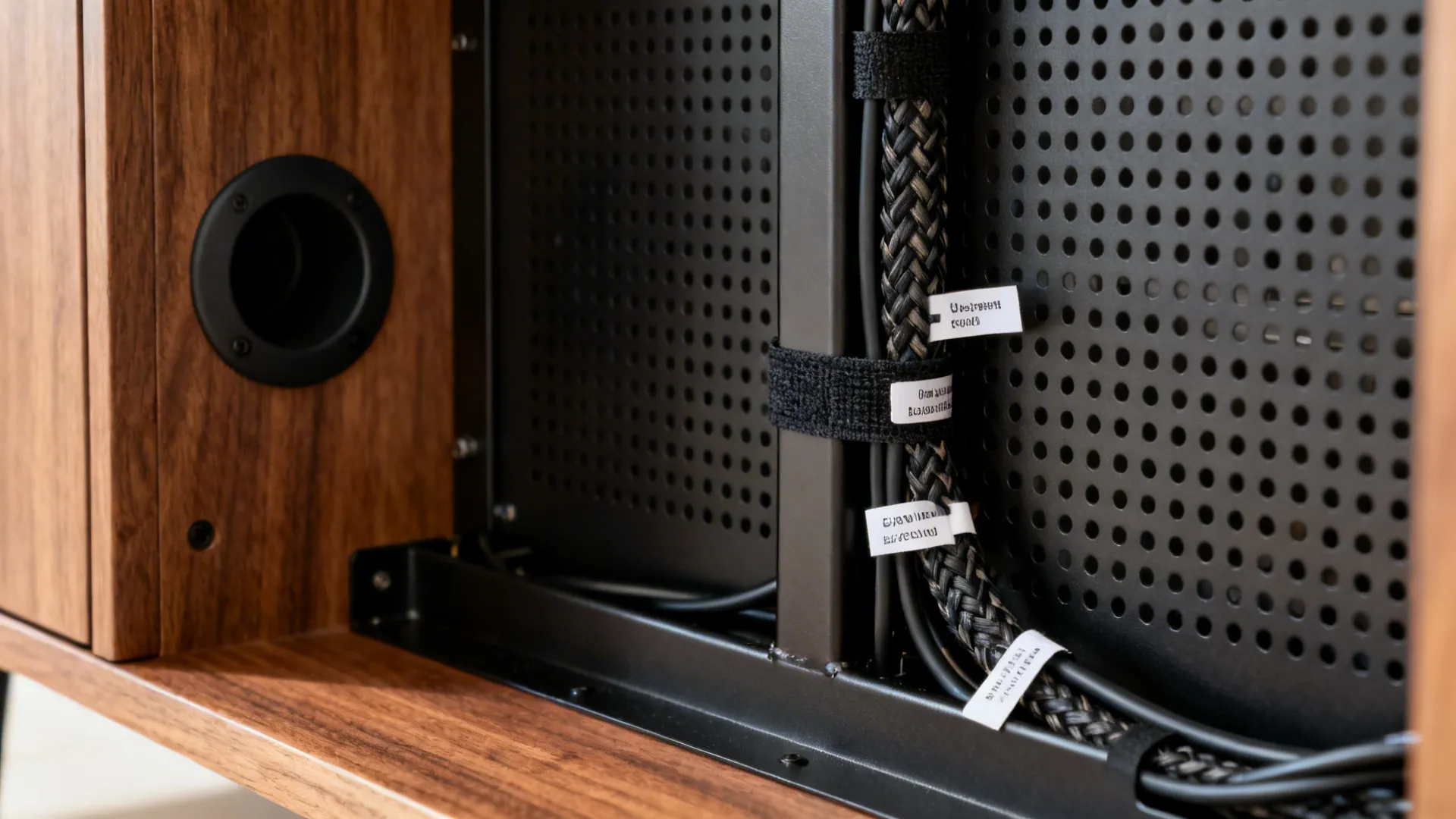 Macro of ventilated back panel with grommet and neatly tied cables.