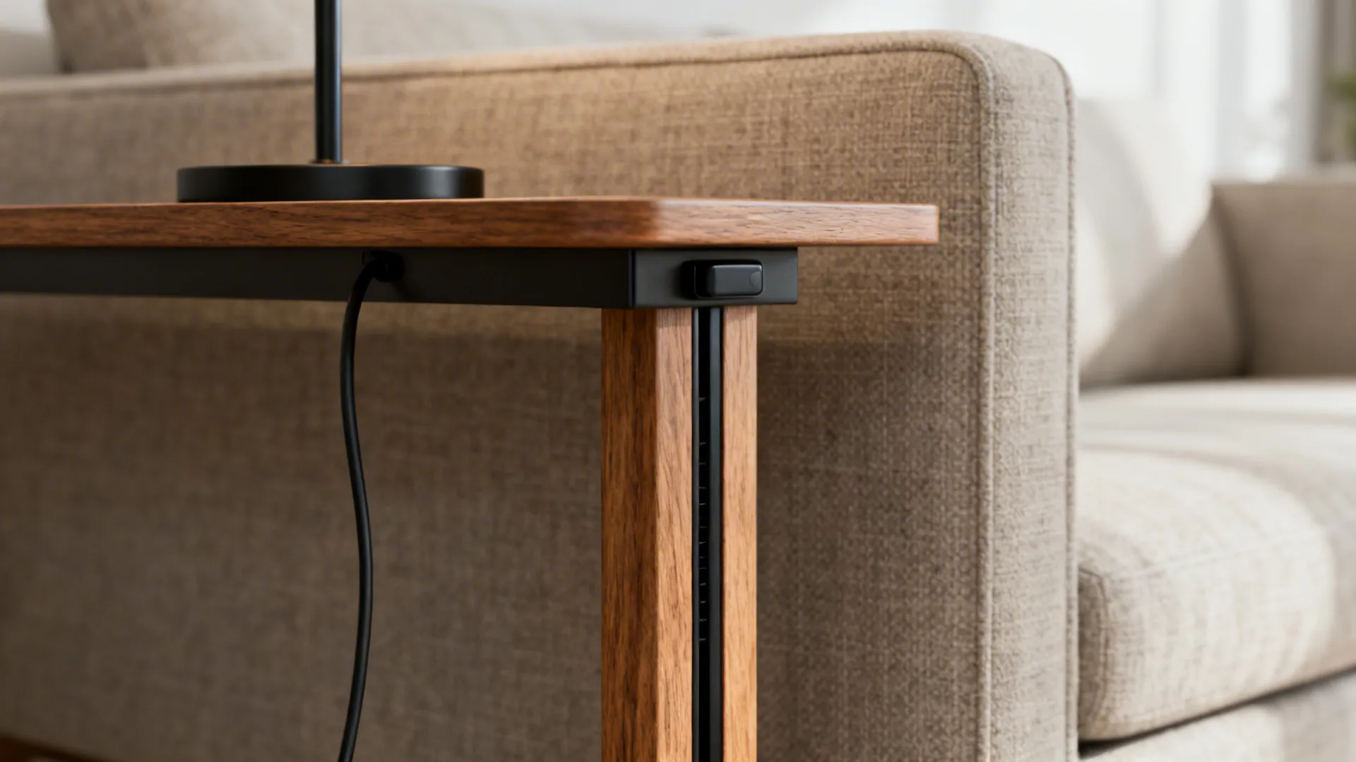 Wood side table with a black power cord and outlet next to a beige sofa