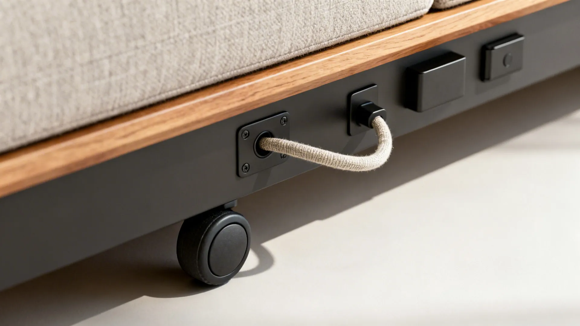 Close up of furniture wheel with power cord plugged into a black panel under wood surface