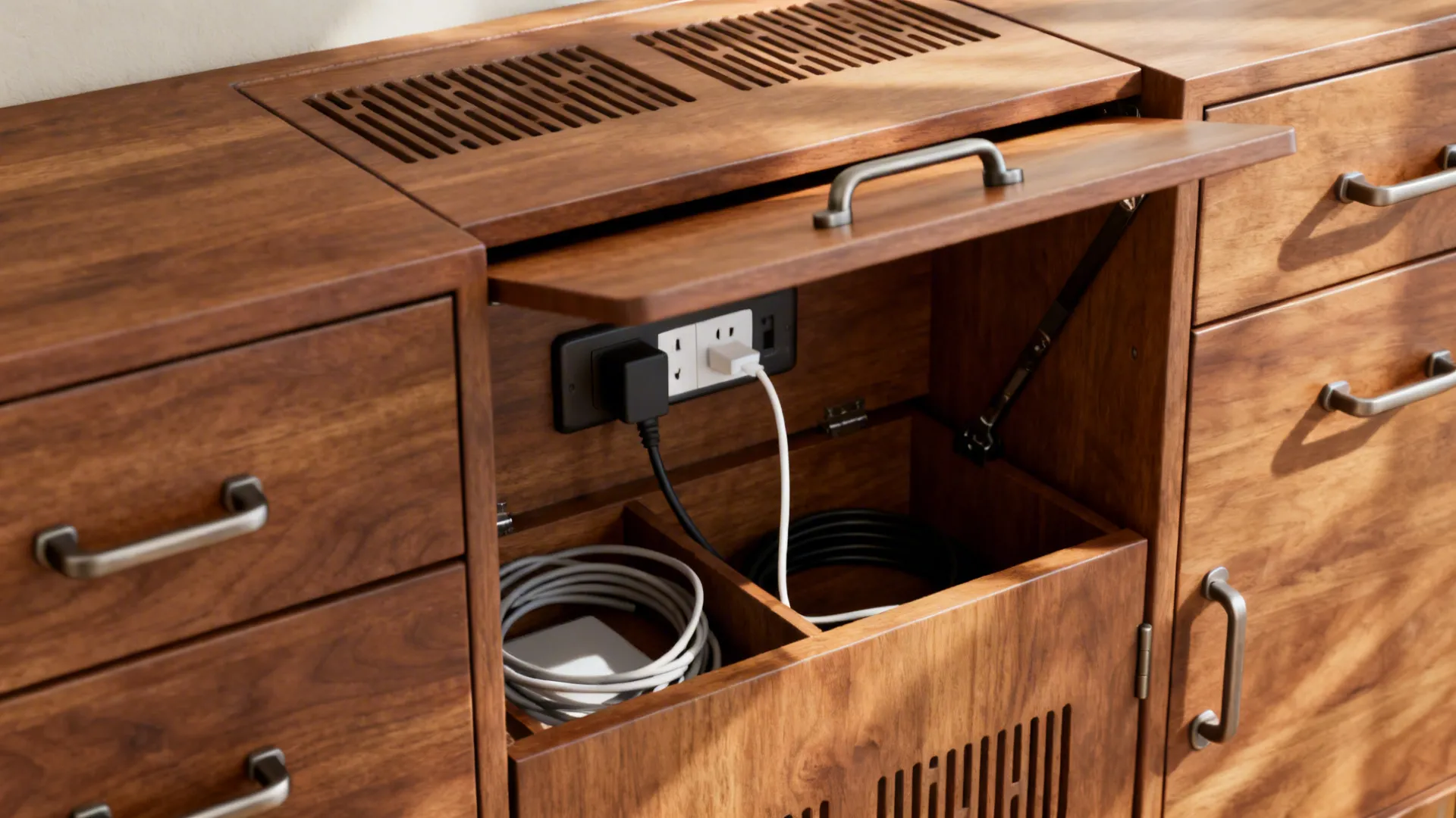 Wooden cabinet with a hidden charging station showing power outlets and organized cables inside a compartment