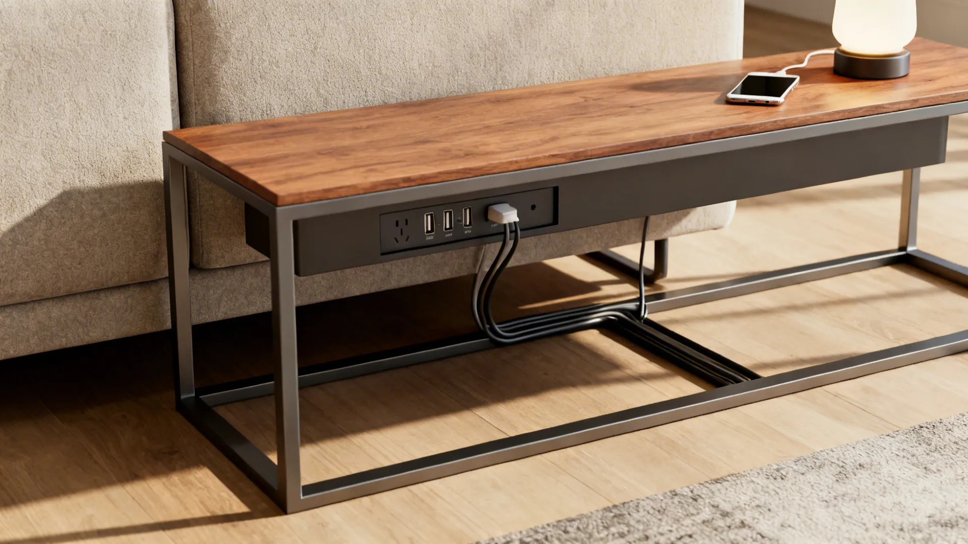 Slim console with a hidden charging hub and cable trough behind a sofa.