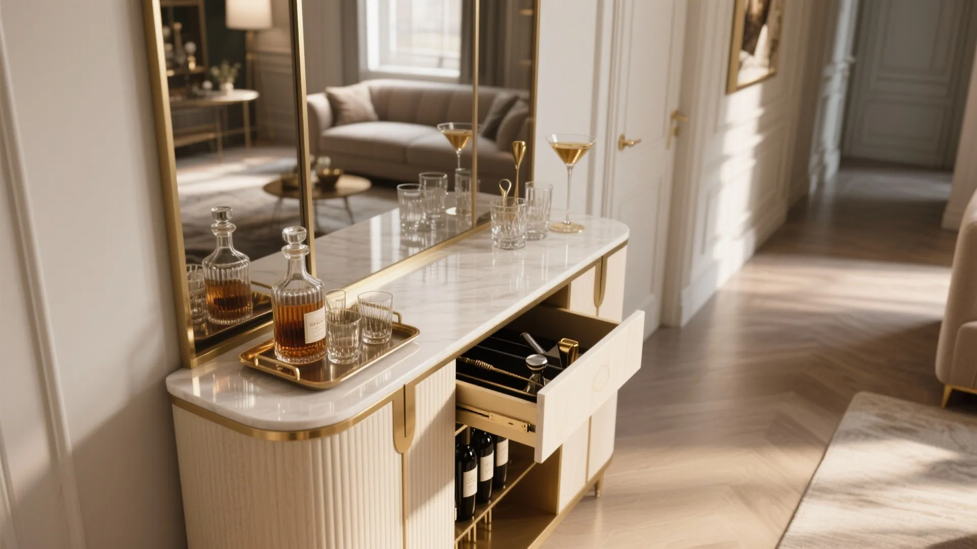 Luxury white cabinet with gold trim marble top wine bottles glasses and an open drawer
