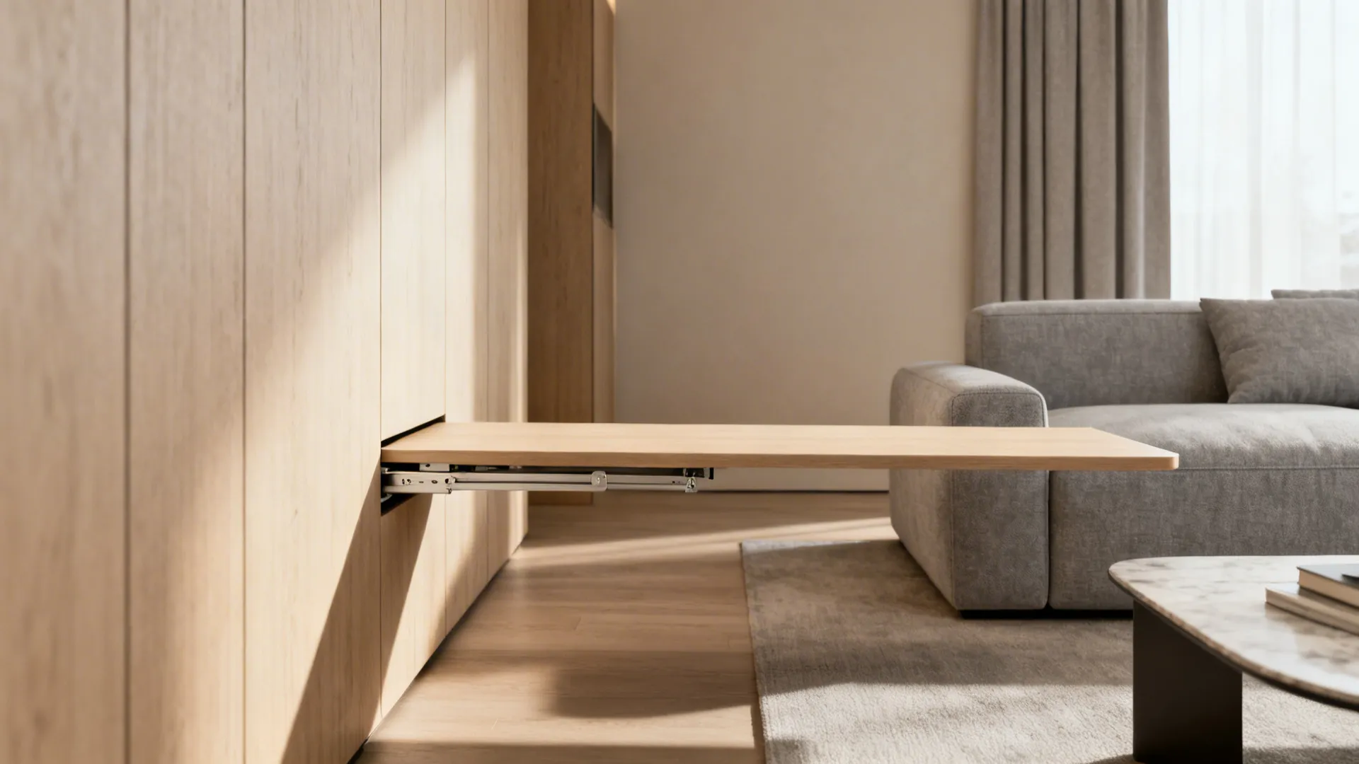 Slim console table converted into a coffee table in a tight living room layout
