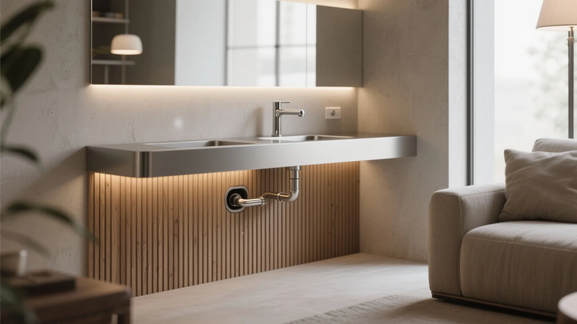 Slim console basin with ribbed wood slats concealing plumbing and soft under-lighting.