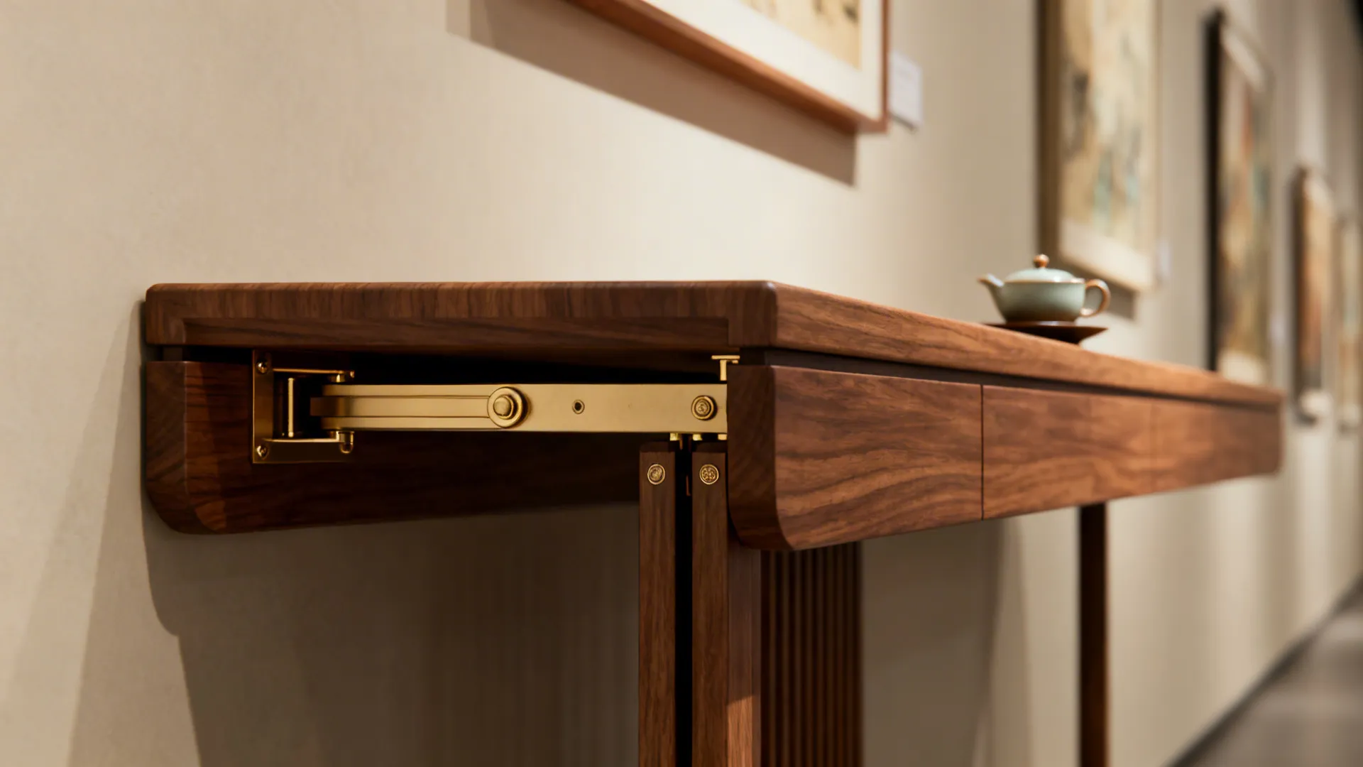 Close-up of a wooden wall table showing a metal folding mechanism for an extending surface